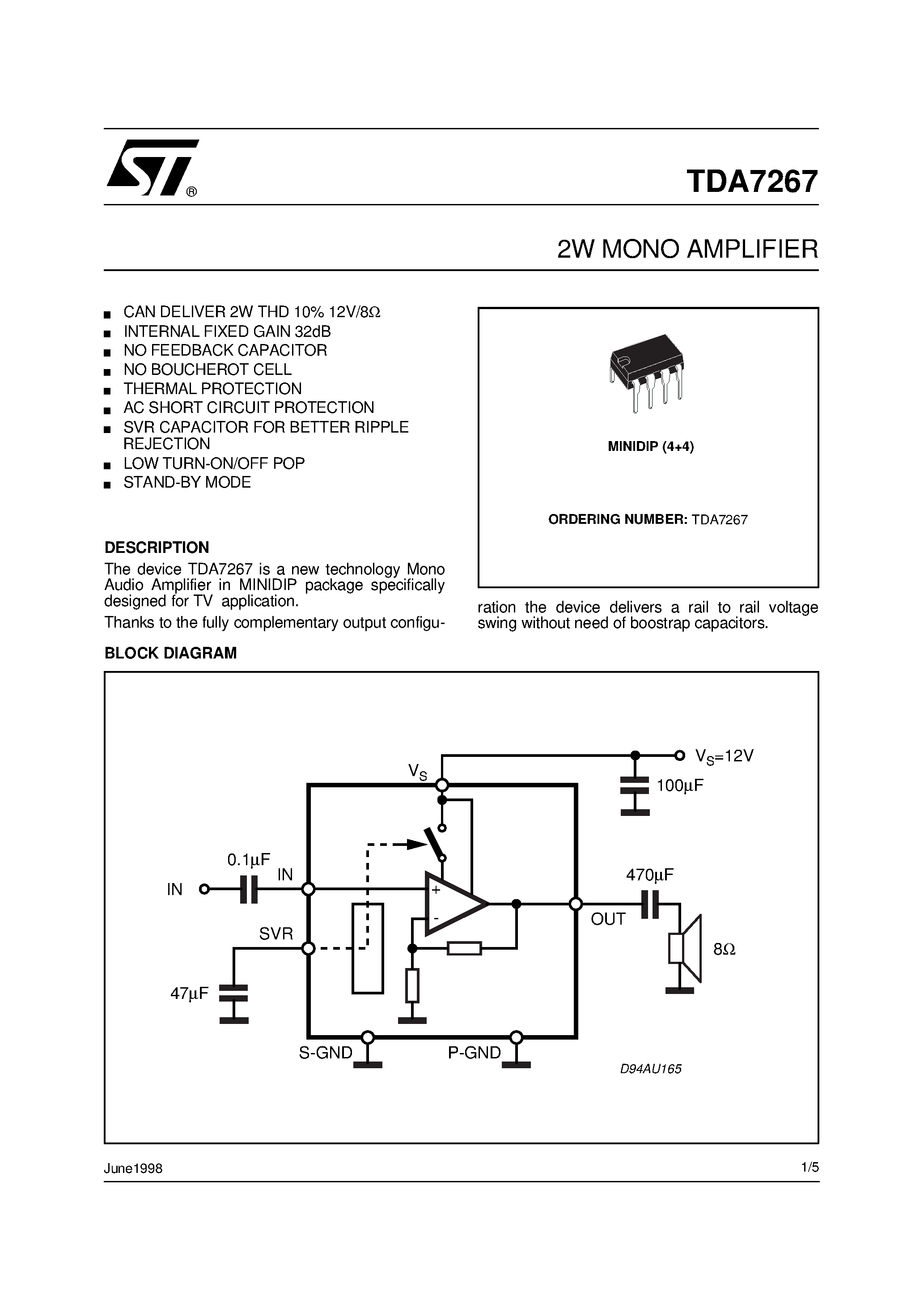 Даташит TDA7267 - 2W MONO AMPLIFIER страница 1