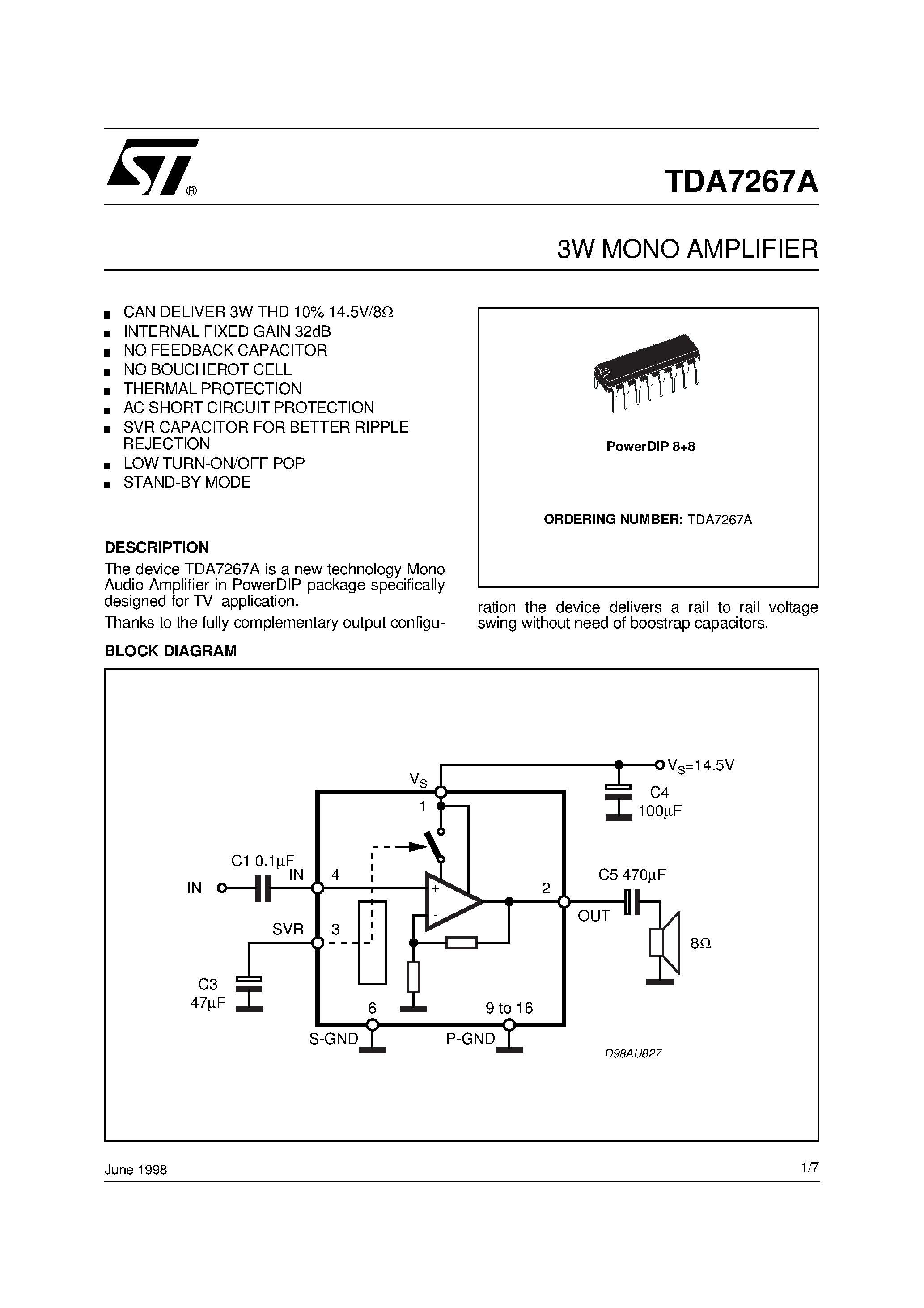 Даташит на микросхему TDA7267A страница 1 Даташит TDA7267A - 3W MONO AMPLIFIER страница 1