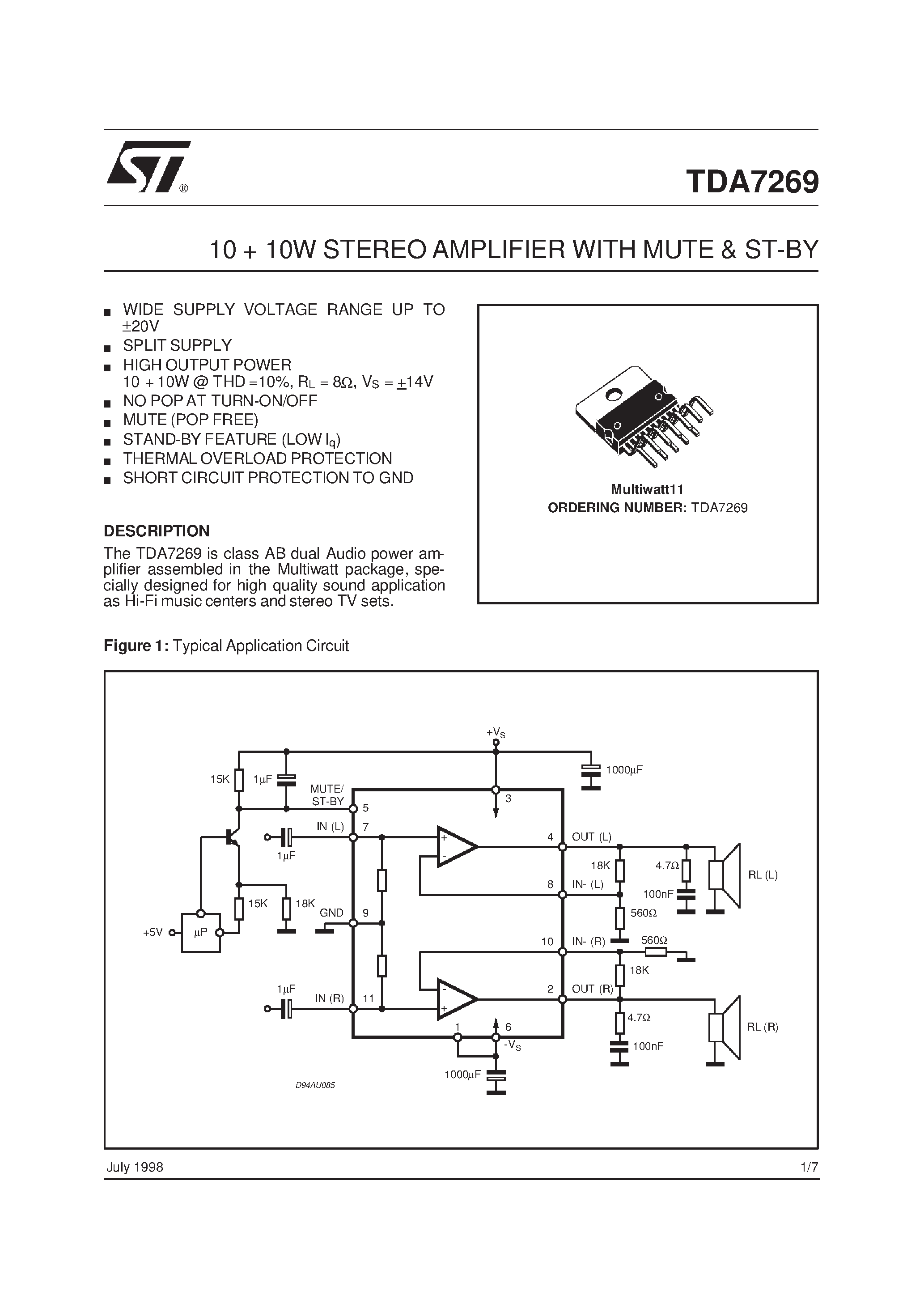 Datasheet TDA7269 - 10+10W STEREO AMPLIFIER WITH MUTE & ST-BY page 1