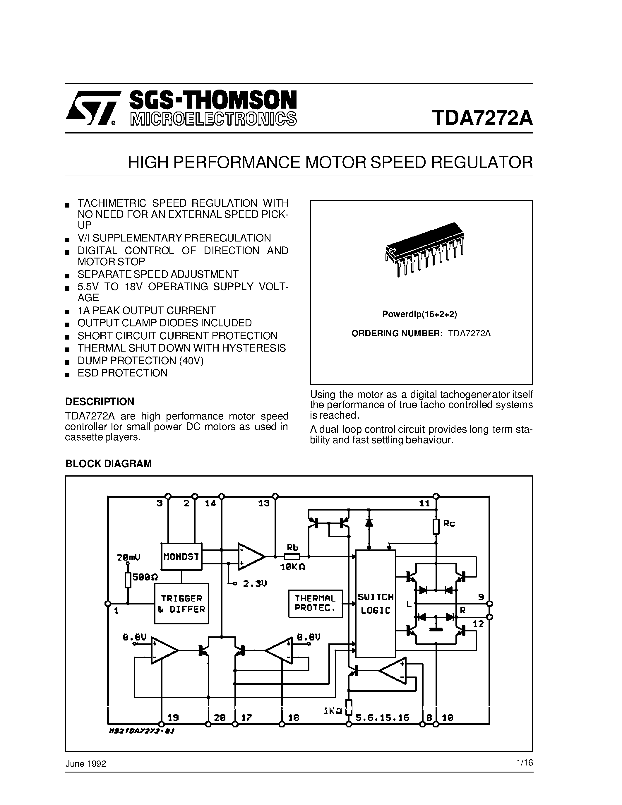 Datasheet TDA7272A - HIGH PERFORMANCE MOTOR SPEED REGULATOR page 1