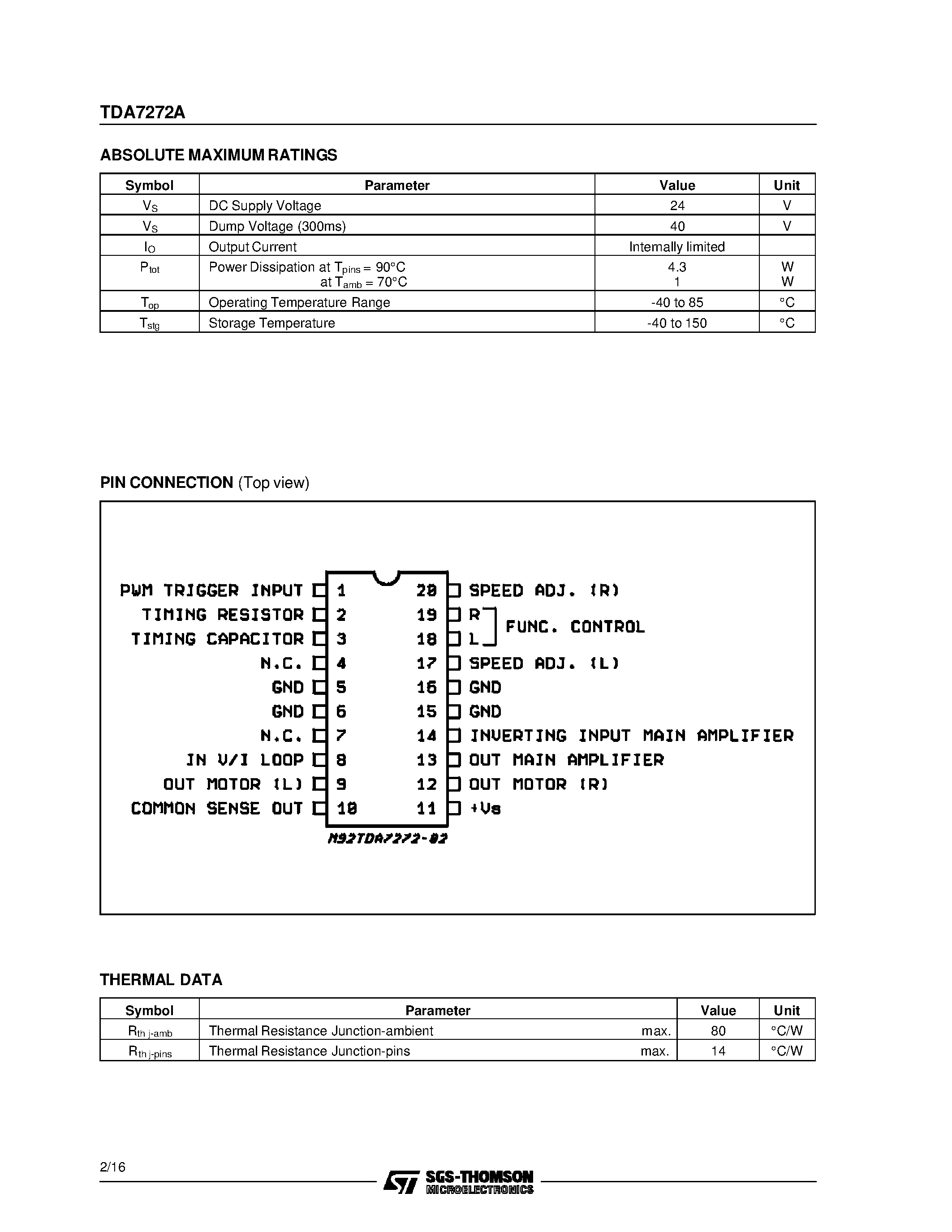 Datasheet TDA7272A - HIGH PERFORMANCE MOTOR SPEED REGULATOR page 2