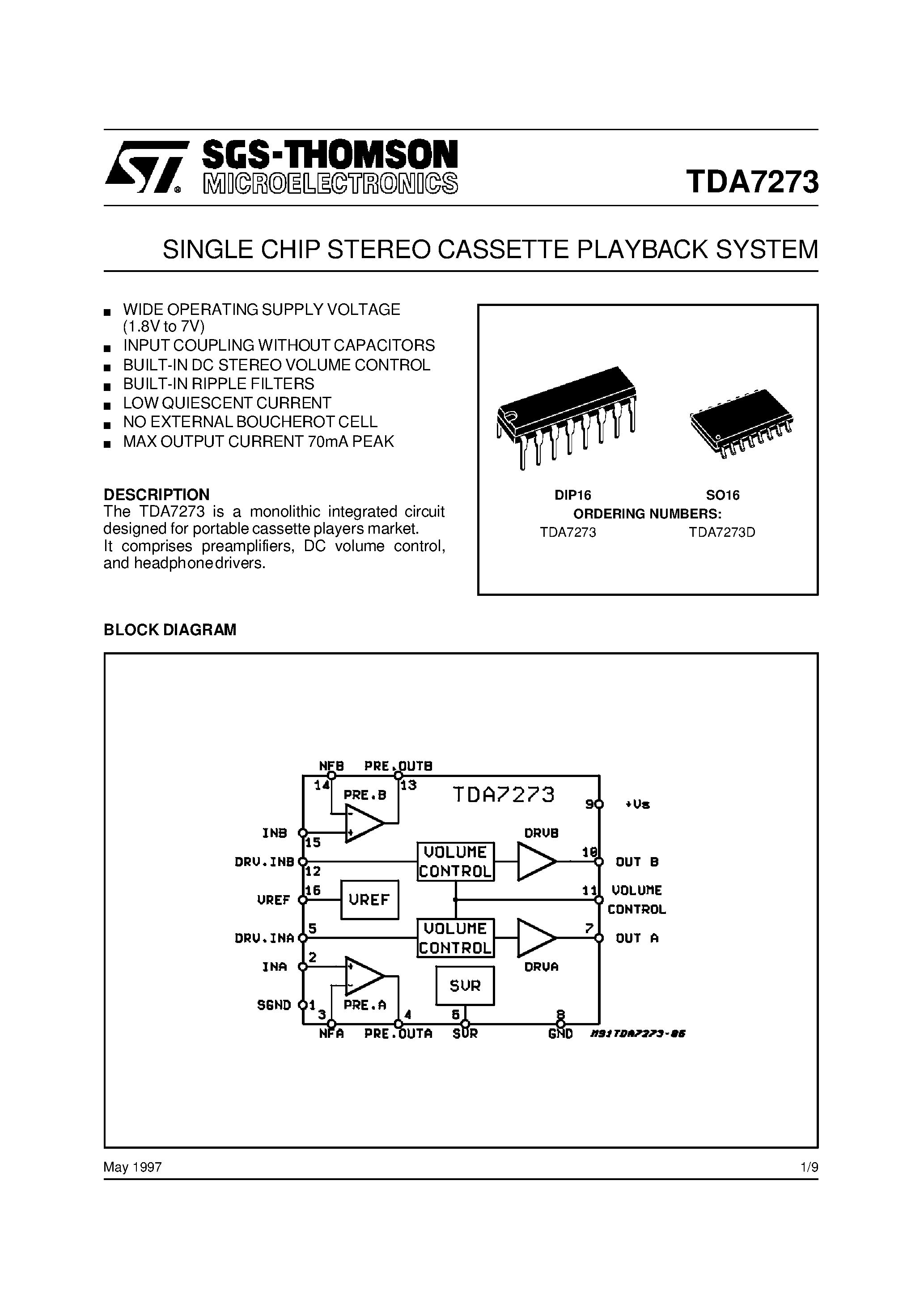 Даташит TDA7273D - SINGLE CHIP STEREO CASSETTE PLAYBACK SYSTEM страница 1