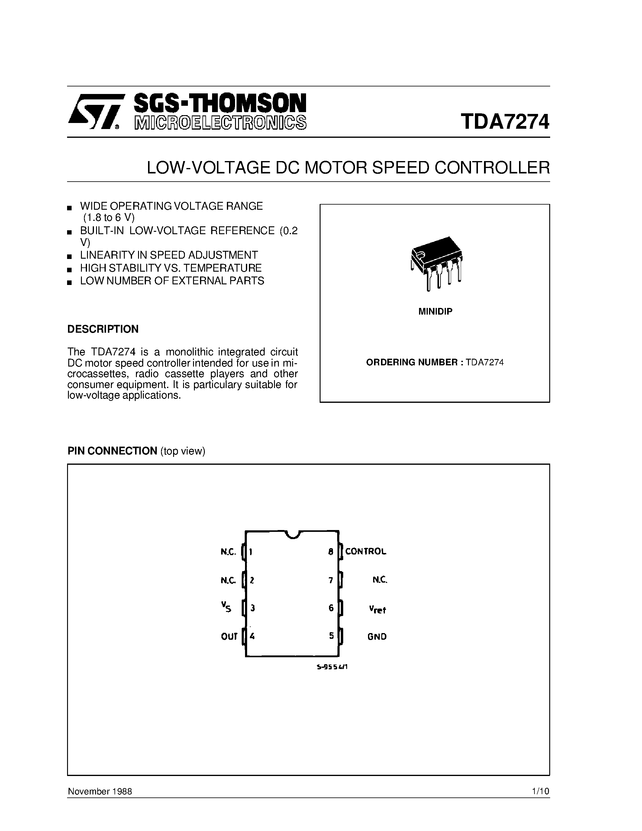 Даташит на микросхему TDA7274 страница 1 Даташит TDA7274 - LOW-VOLTAGE DC MOTOR SPEED CONTROLLER страница 1