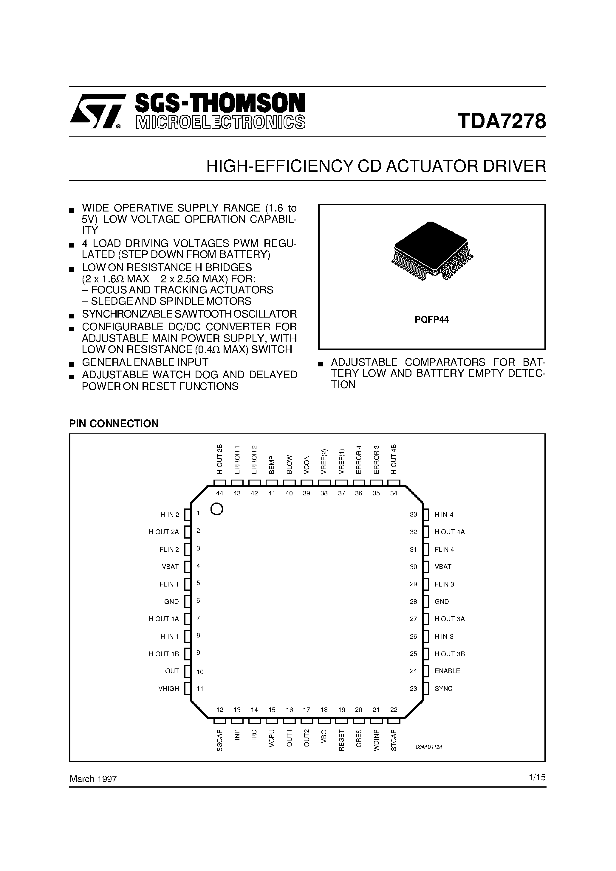 Даташит TDA7278 - HIGH-EFFICIENCY CD ACTUATOR DRIVER страница 1