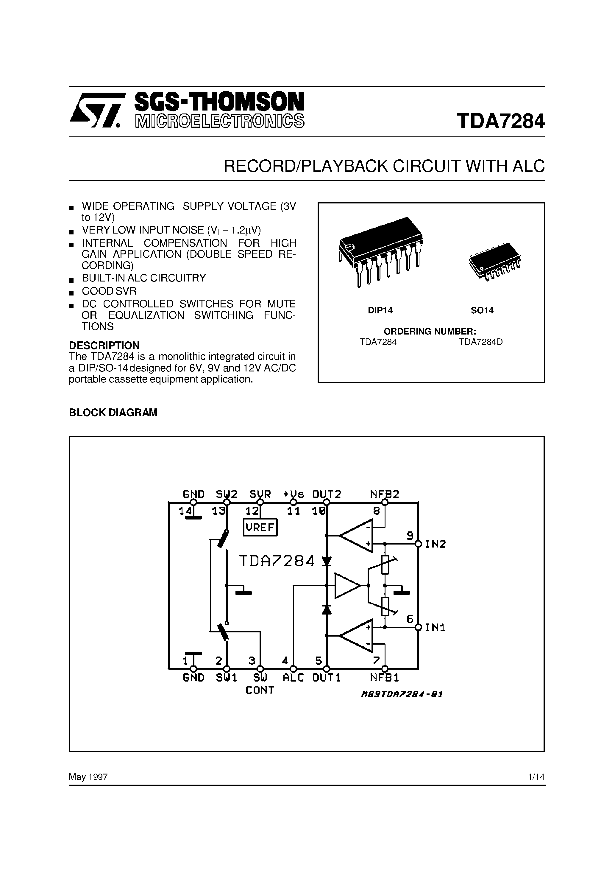 Даташит TDA7284 - RECORD/PLAYBACK CIRCUIT WITH ALC страница 1
