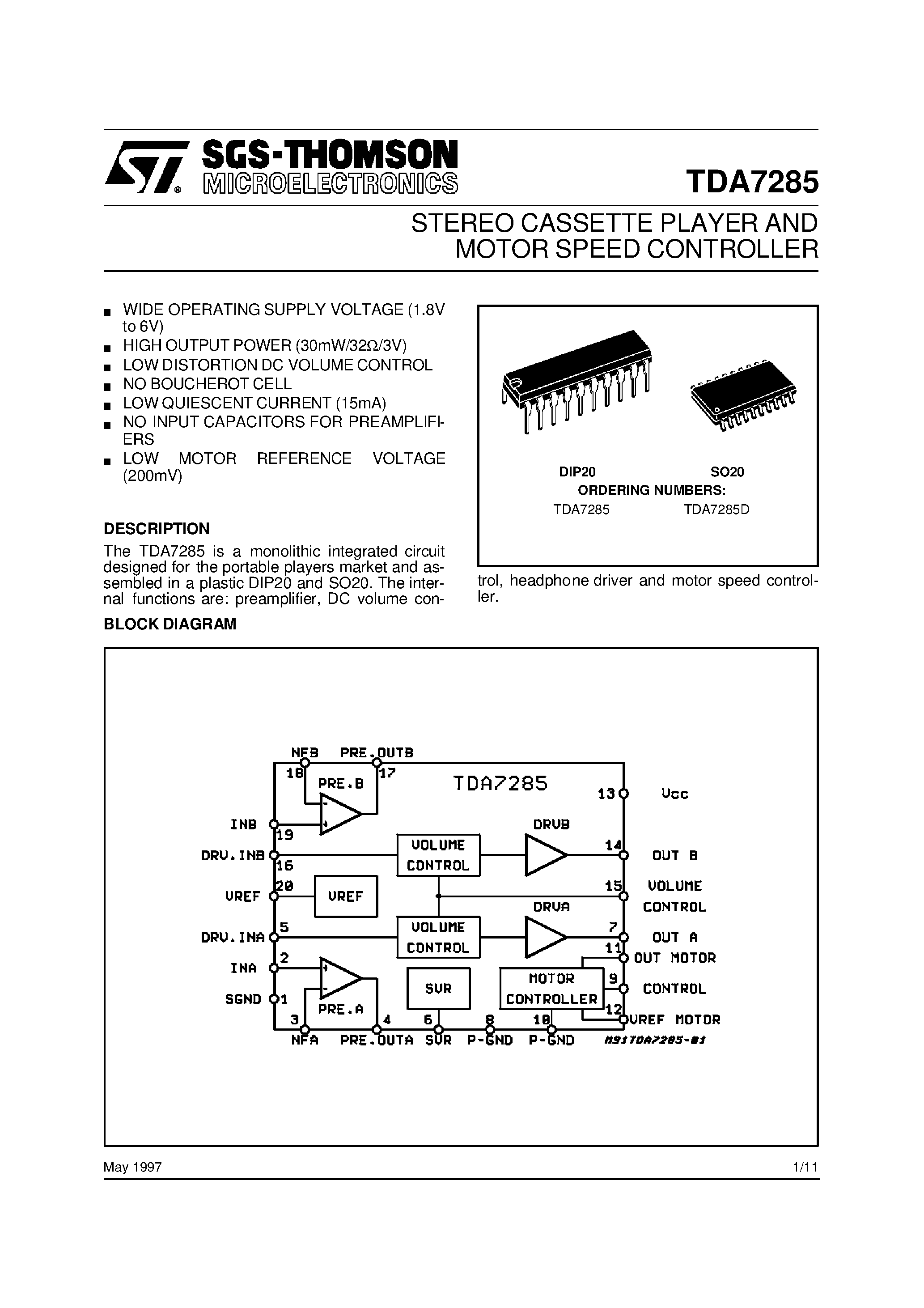 Даташит TDA7285 - STEREO CASSETTE PLAYER AND MOTOR SPEED CONTROLLER страница 1