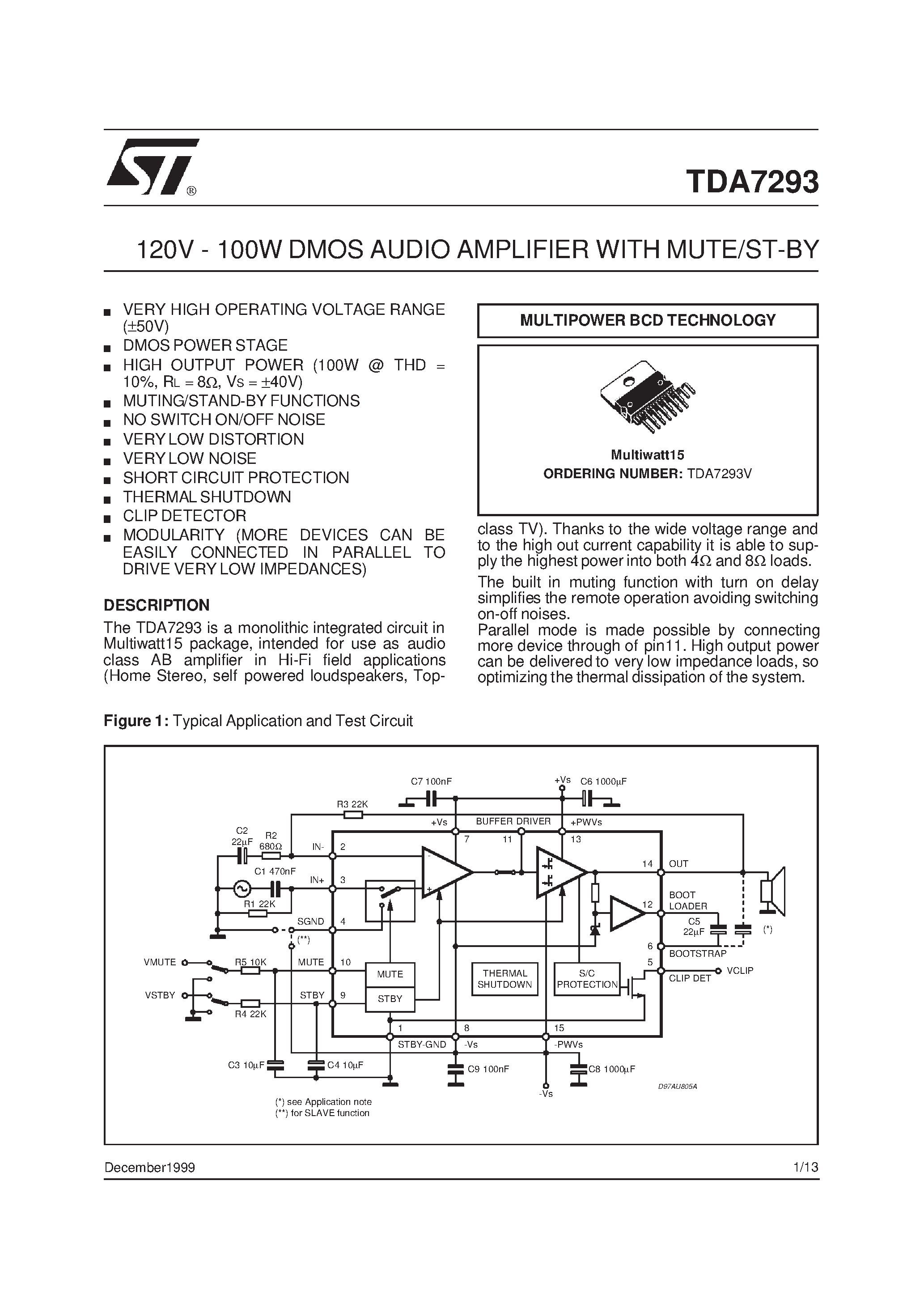 Даташит на микросхему TDA7293V страница 1 Даташит TDA7293V - 120V - 100W DMOS AUDIO AMPLIFIER WITH MUTE/ST-BY страница 1
