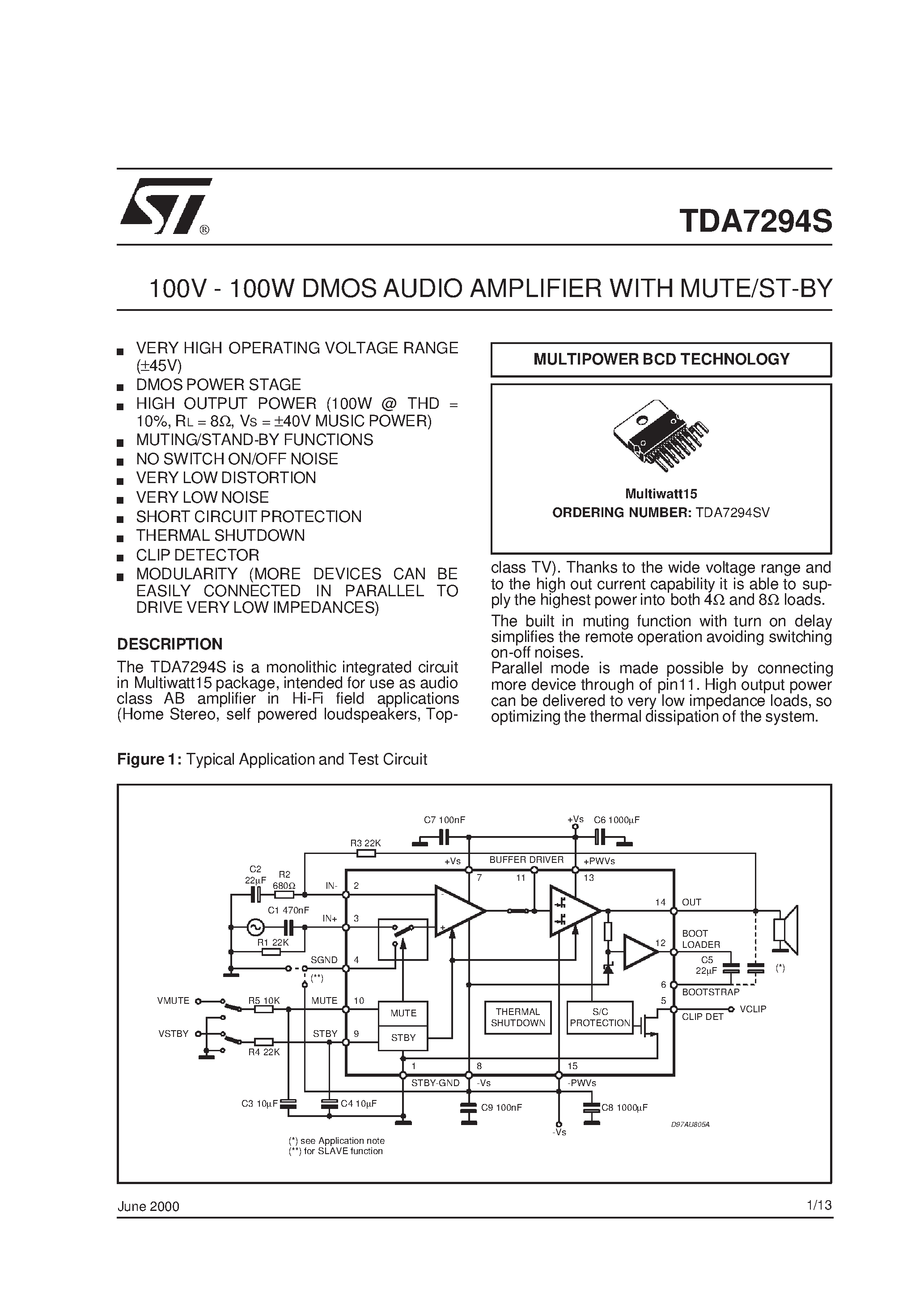 Даташит на микросхему TDA7294SV страница 1 Даташит TDA7294SV - 100V - 100W DMOS AUDIO AMPLIFIER WITH MUTE/ST-BY страница 1