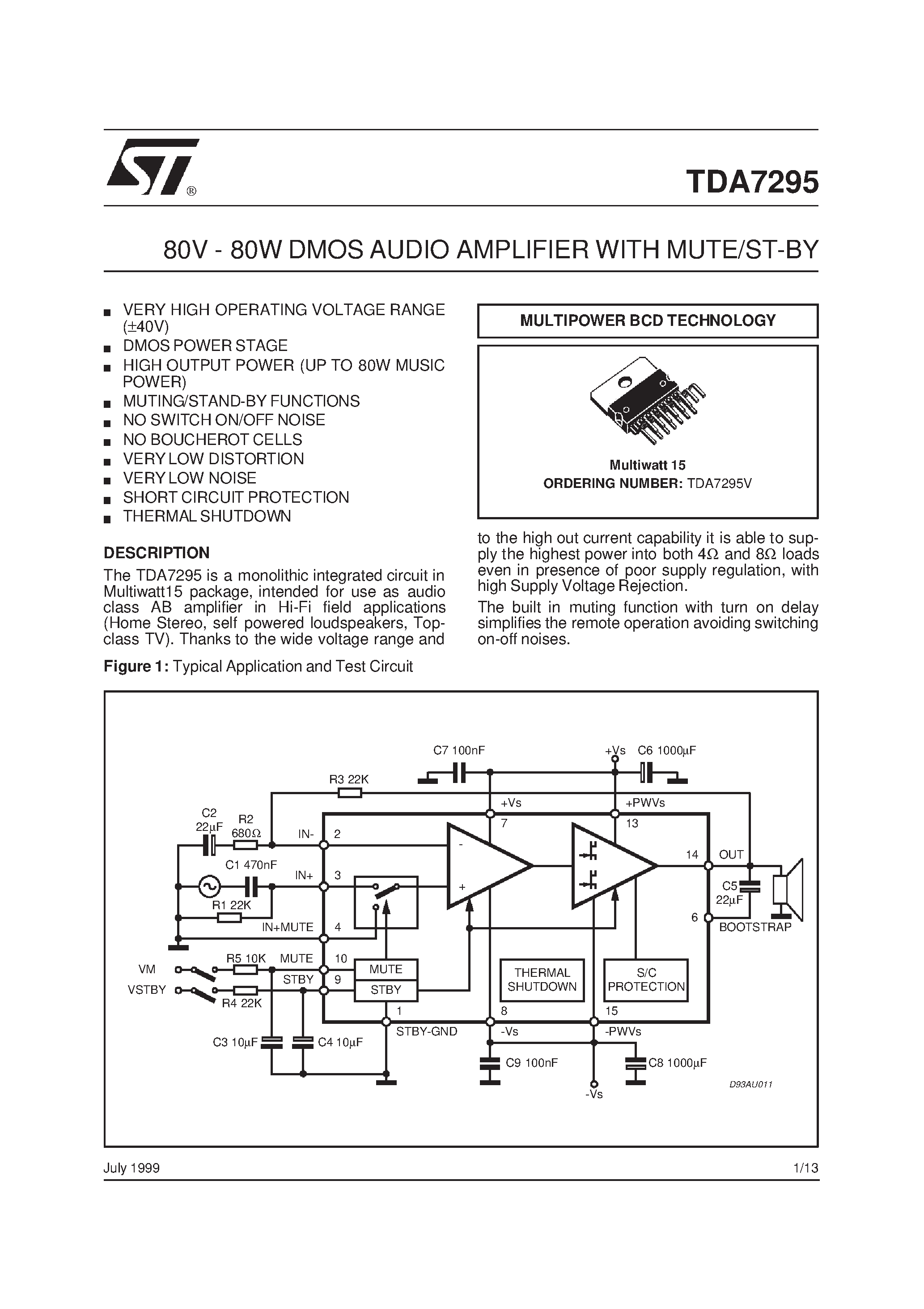 Даташит на микросхему TDA7295 страница 1 Даташит TDA7295 - 80V - 80W DMOS AUDIO AMPLIFIER WITH MUTE/ST-BY страница 1
