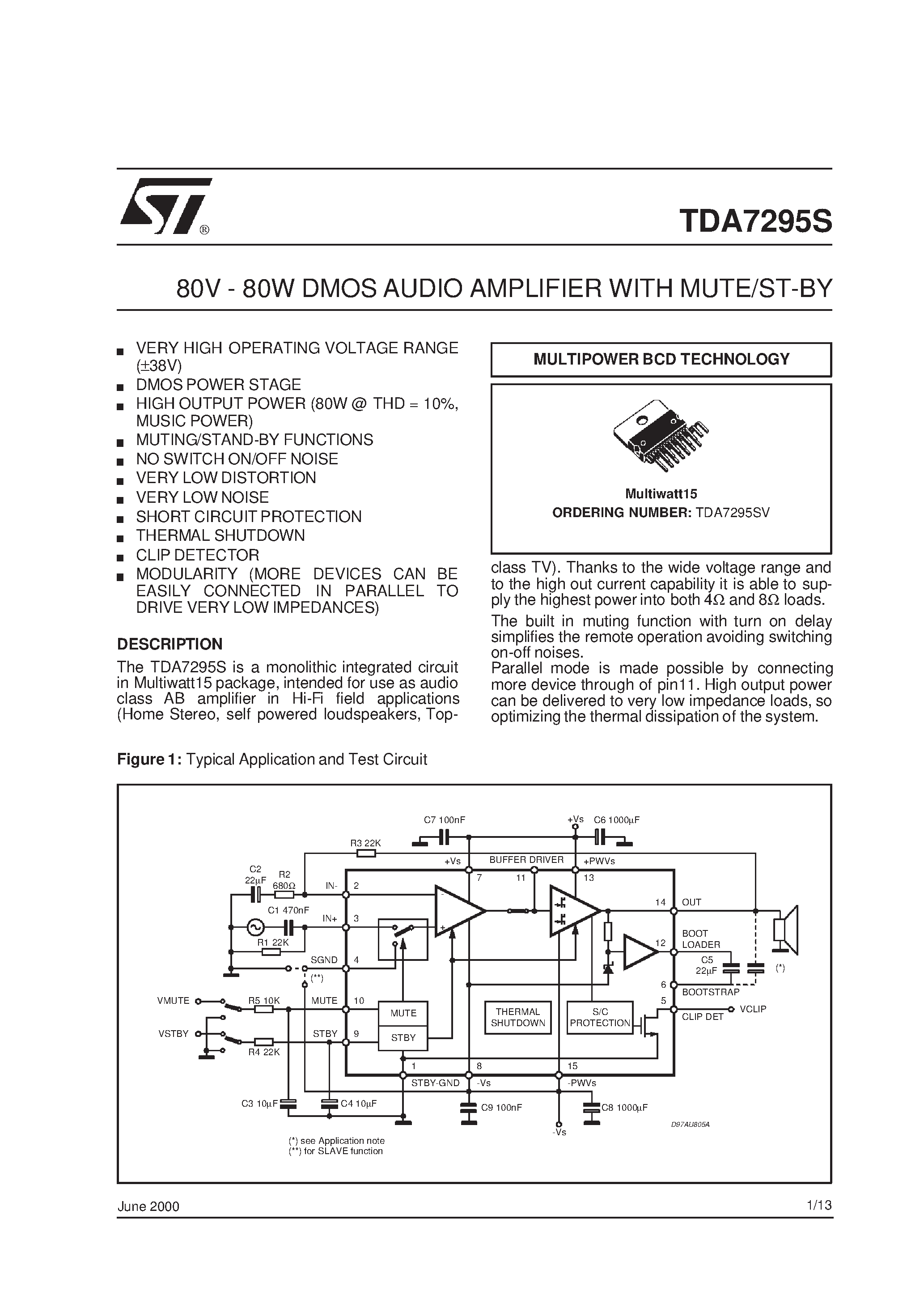 Даташит на микросхему TDA7295SV страница 1 Даташит TDA7295SV - 80V - 80W DMOS AUDIO AMPLIFIER WITH MUTE/ST-BY страница 1