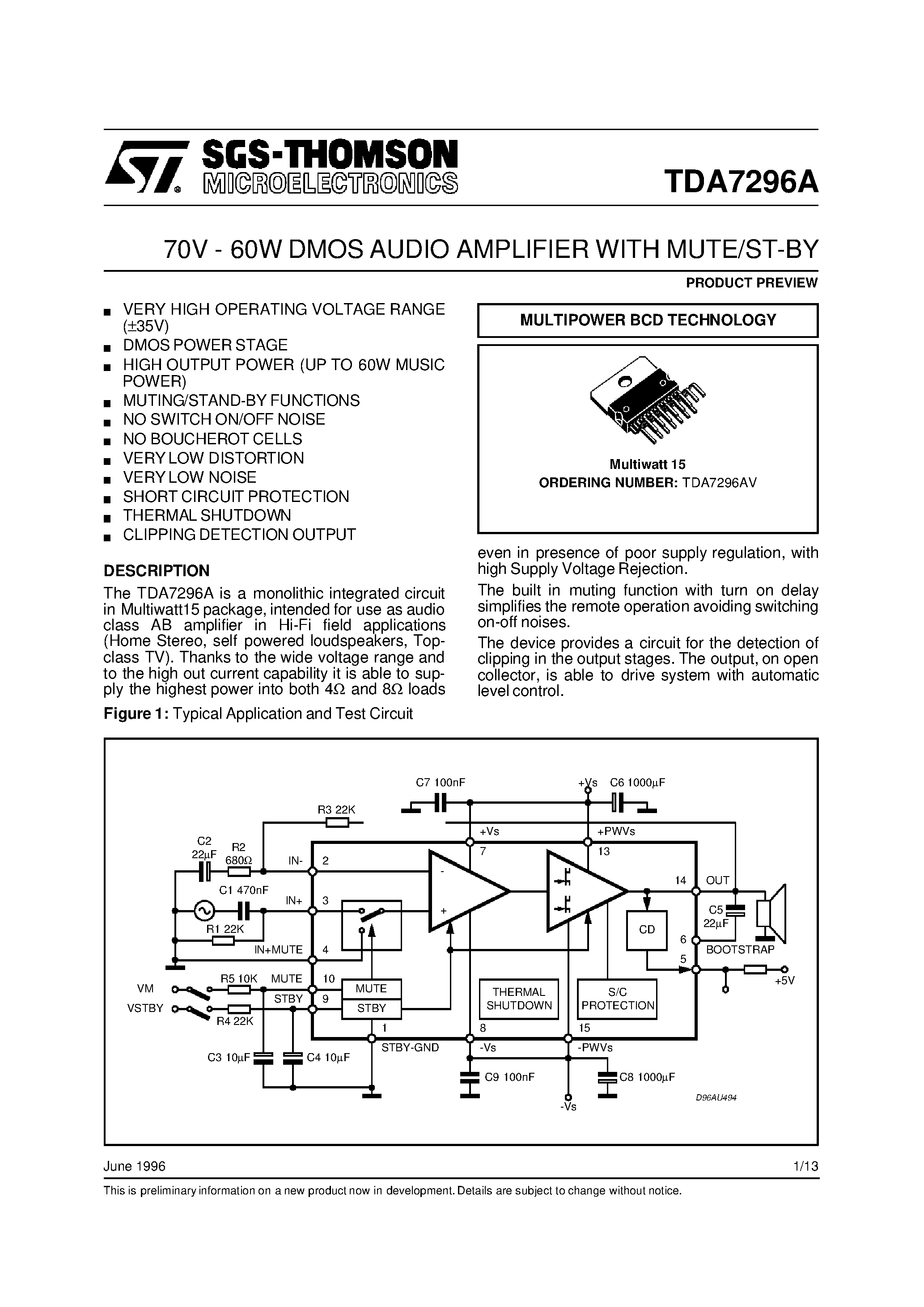 Даташит на микросхему TDA7296AV страница 1 Даташит TDA7296AV - 70V - 60W DMOS AUDIO AMPLIFIER WITH MUTE/ST-BY страница 1