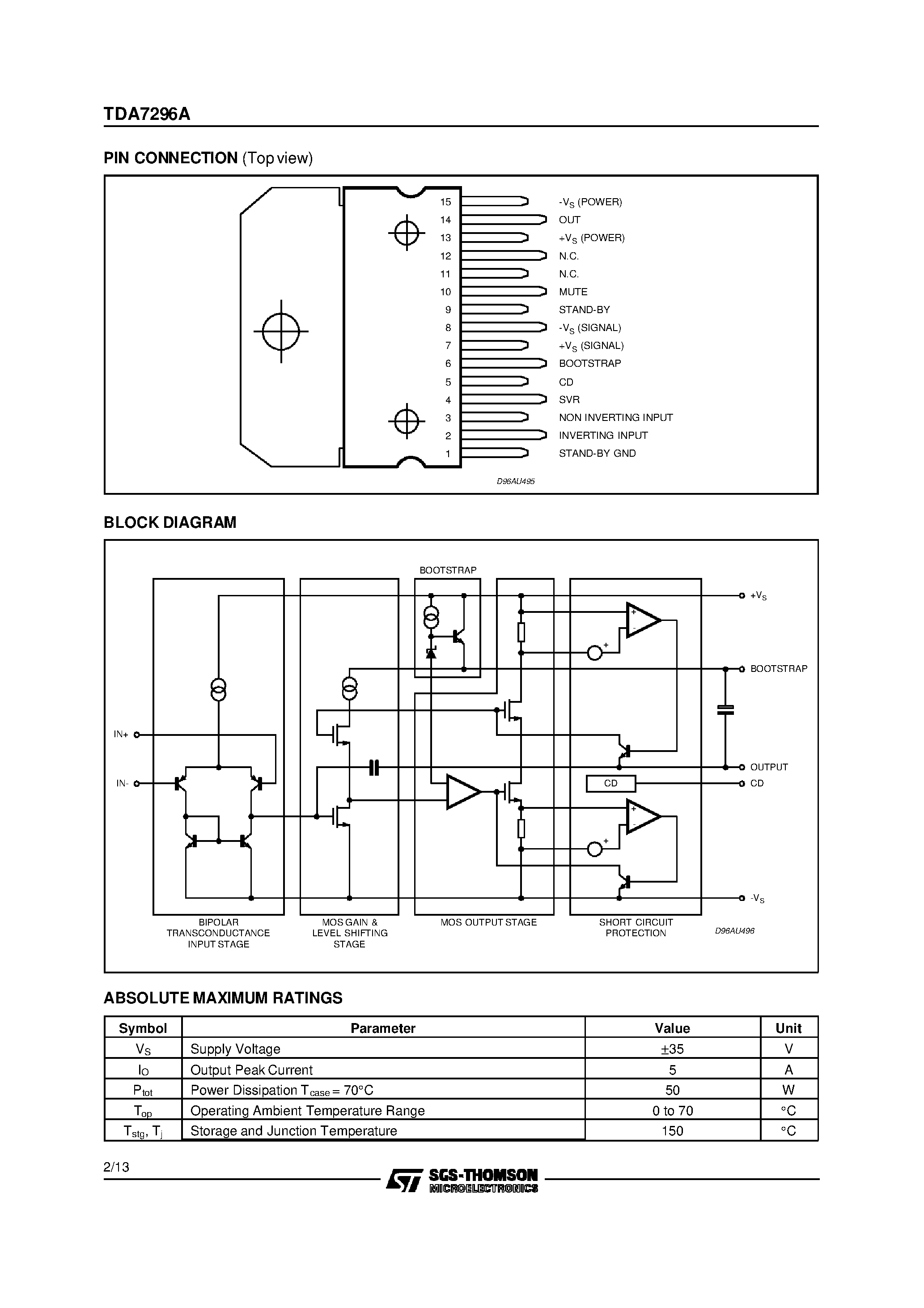 Даташит на микросхему TDA7296AV страница 2 Даташит TDA7296AV - 70V - 60W DMOS AUDIO AMPLIFIER WITH MUTE/ST-BY страница 2