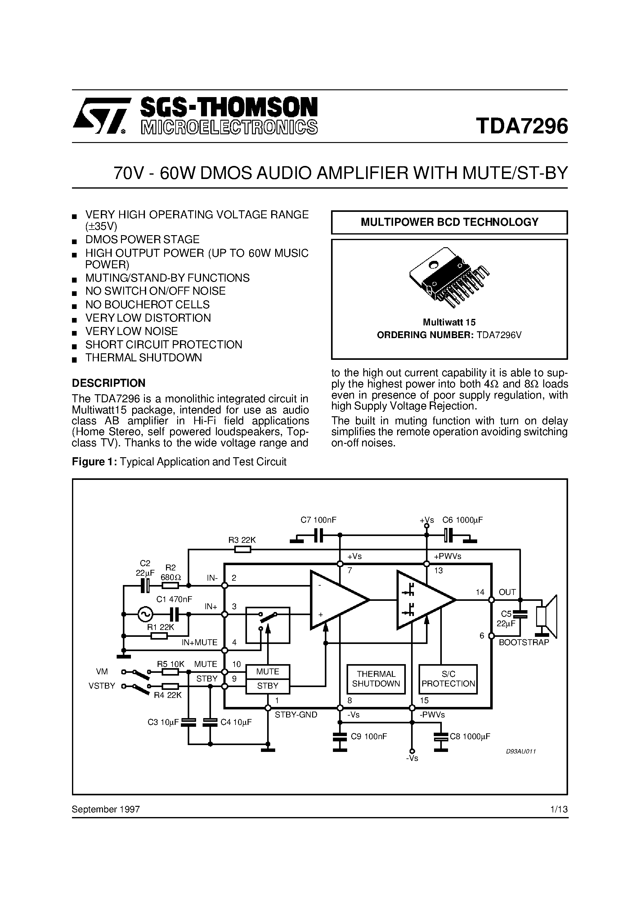 Datasheet TDA7296V page 1 Datasheet TDA7296V - 70V - 60W DMOS AUDIO AMPLIFIER WITH MUTE/ST-BY page 1
