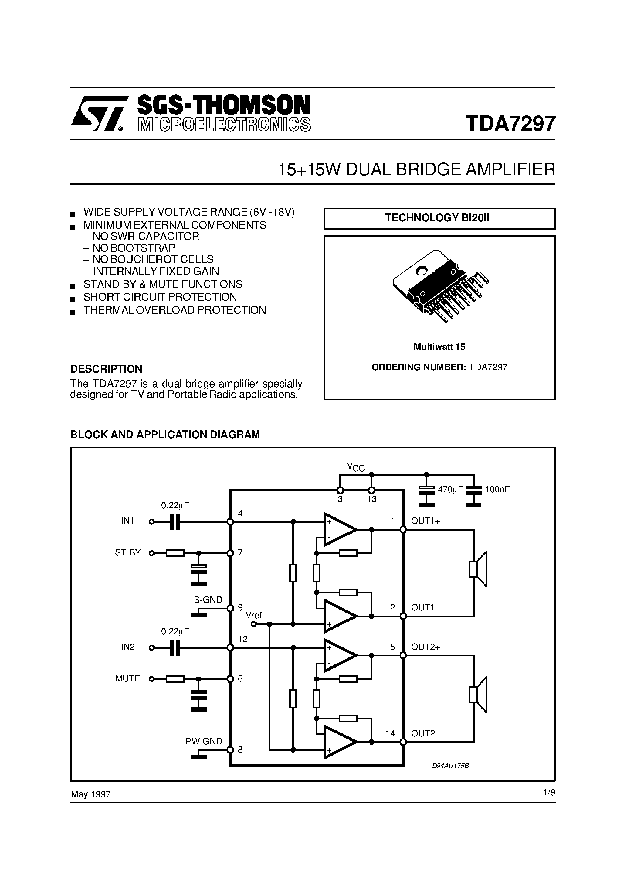 Даташит на микросхему TDA7297 страница 1 Даташит TDA7297 - 15+15W DUAL BRIDGE AMPLIFIER страница 1