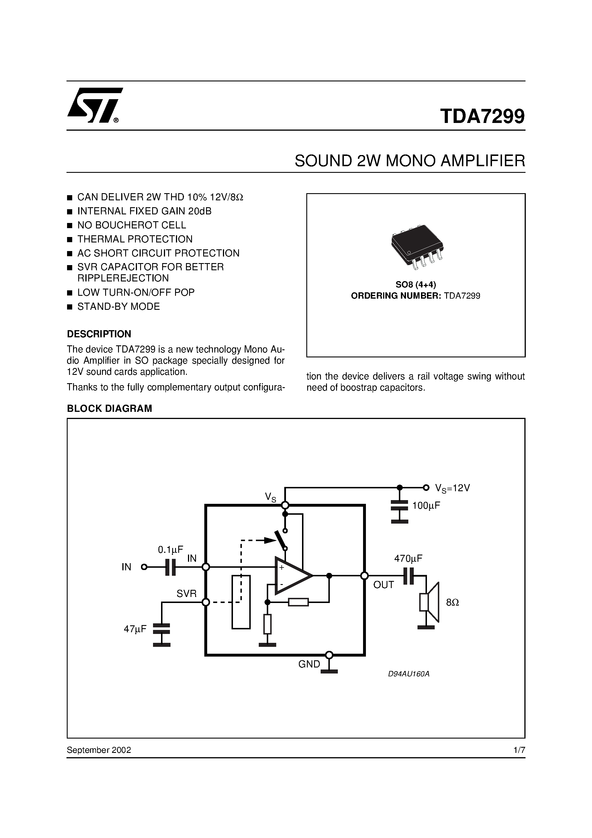 Datasheet TDA729913TR page 1 Datasheet TDA729913TR - SOUND 2W MONO AMPLIFIER page 1