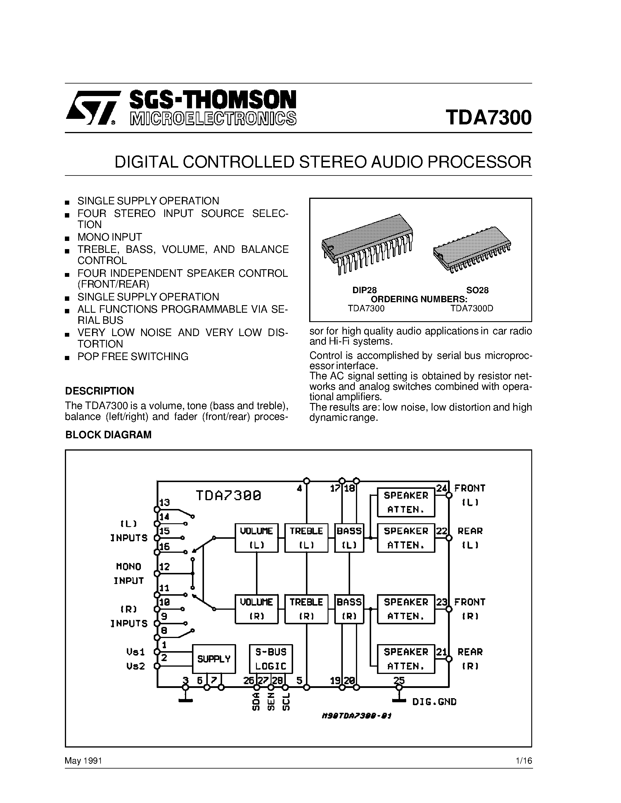 Datasheet TDA7300 page 1 Datasheet TDA7300 - DIGITAL CONTROLLED STEREO AUDIO PROCESSOR page 1
