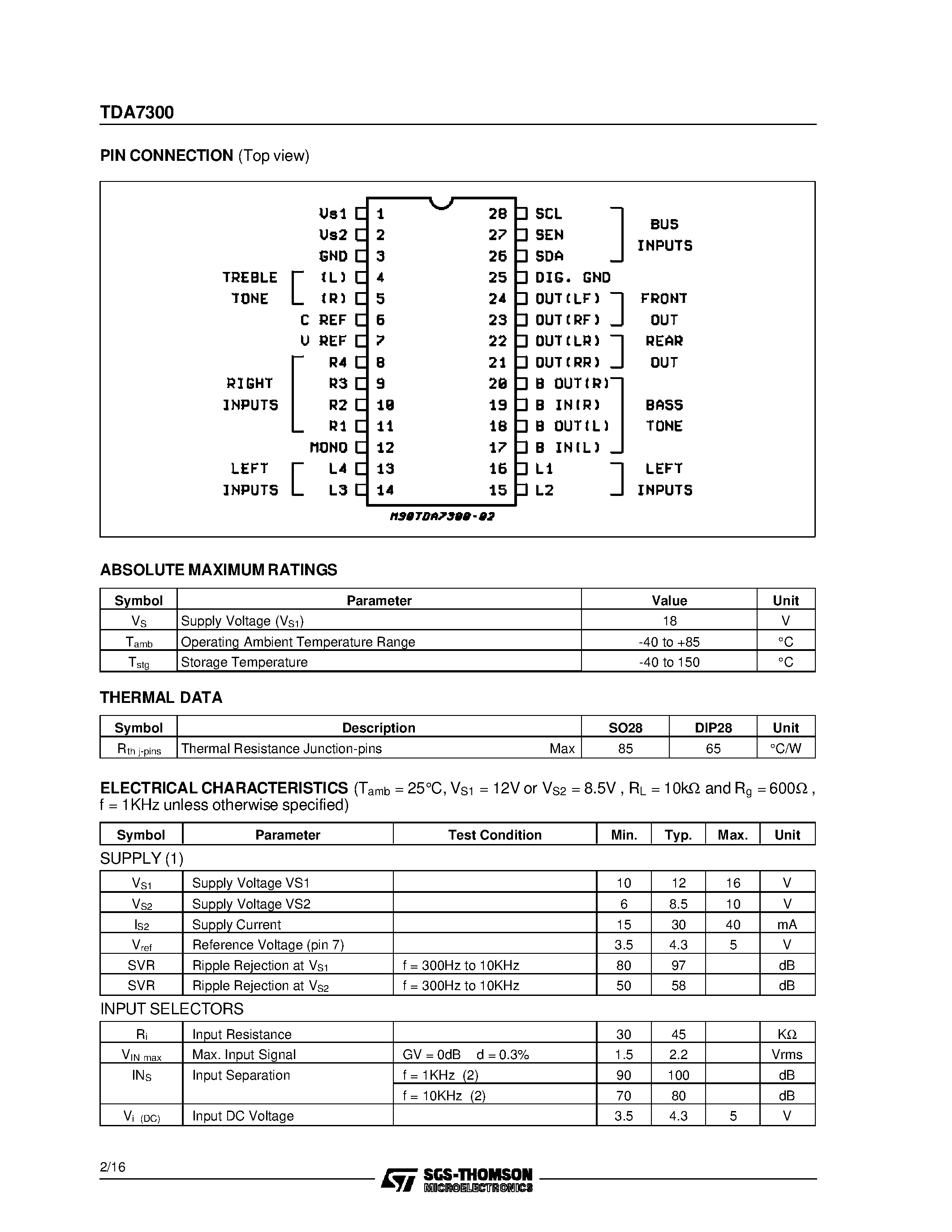 Datasheet TDA7300D page 2 Datasheet TDA7300D - DIGITAL CONTROLLED STEREO AUDIO PROCESSOR page 2