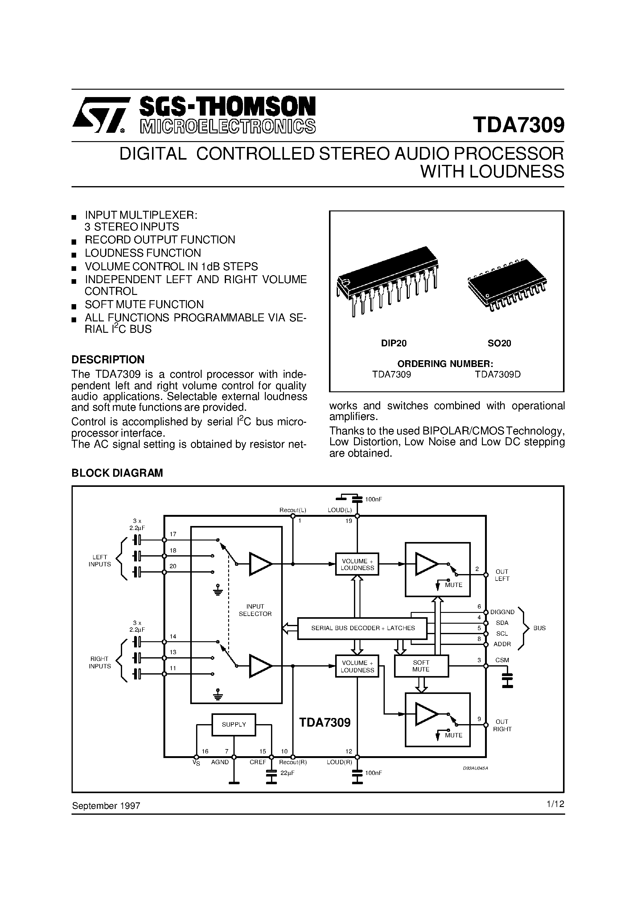 Datasheet TDA7309 - DIGITAL CONTROLLED STEREO AUDIO PROCESSOR WITH LOUDNESS page 1