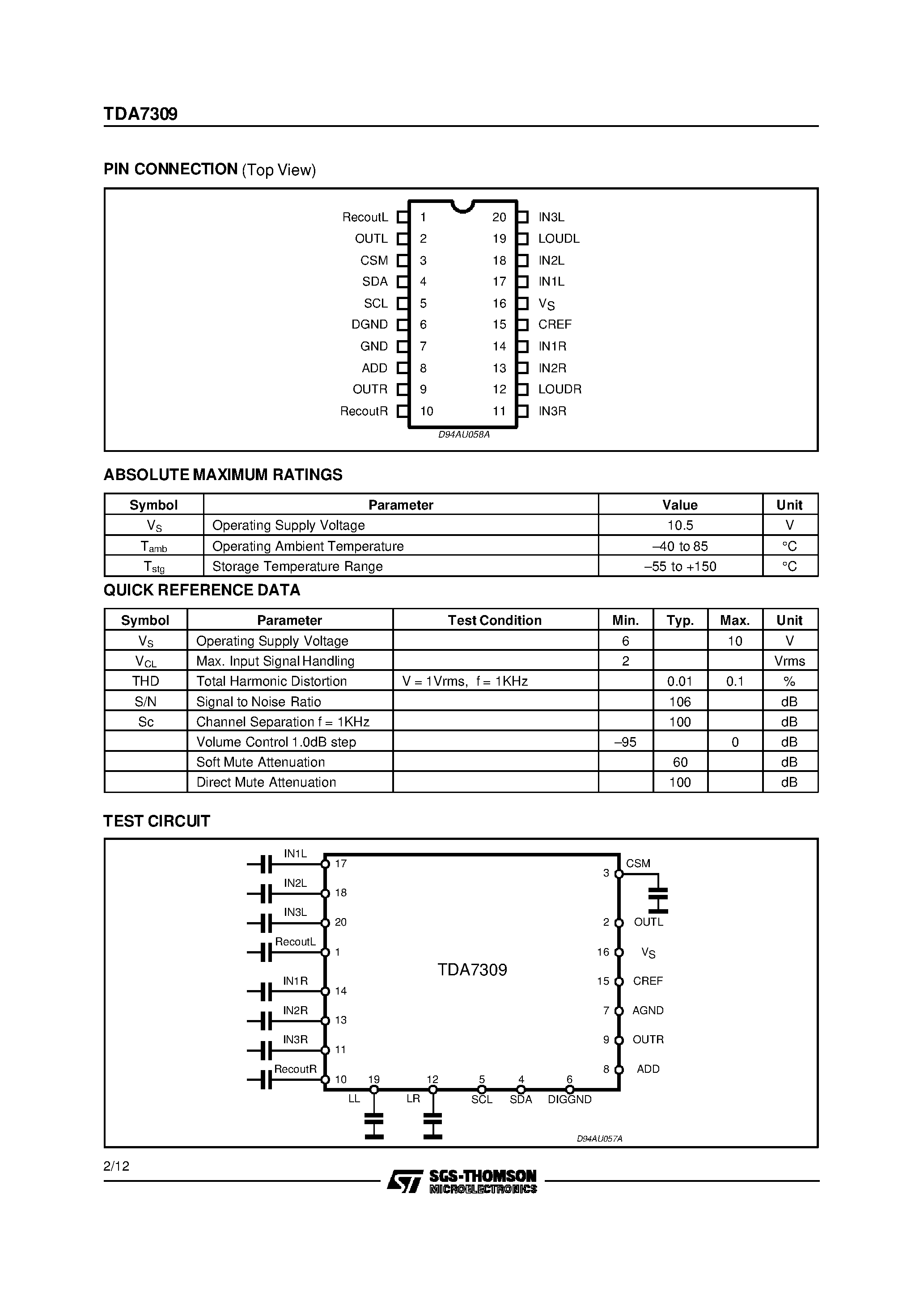 Datasheet TDA7309 - DIGITAL CONTROLLED STEREO AUDIO PROCESSOR WITH LOUDNESS page 2