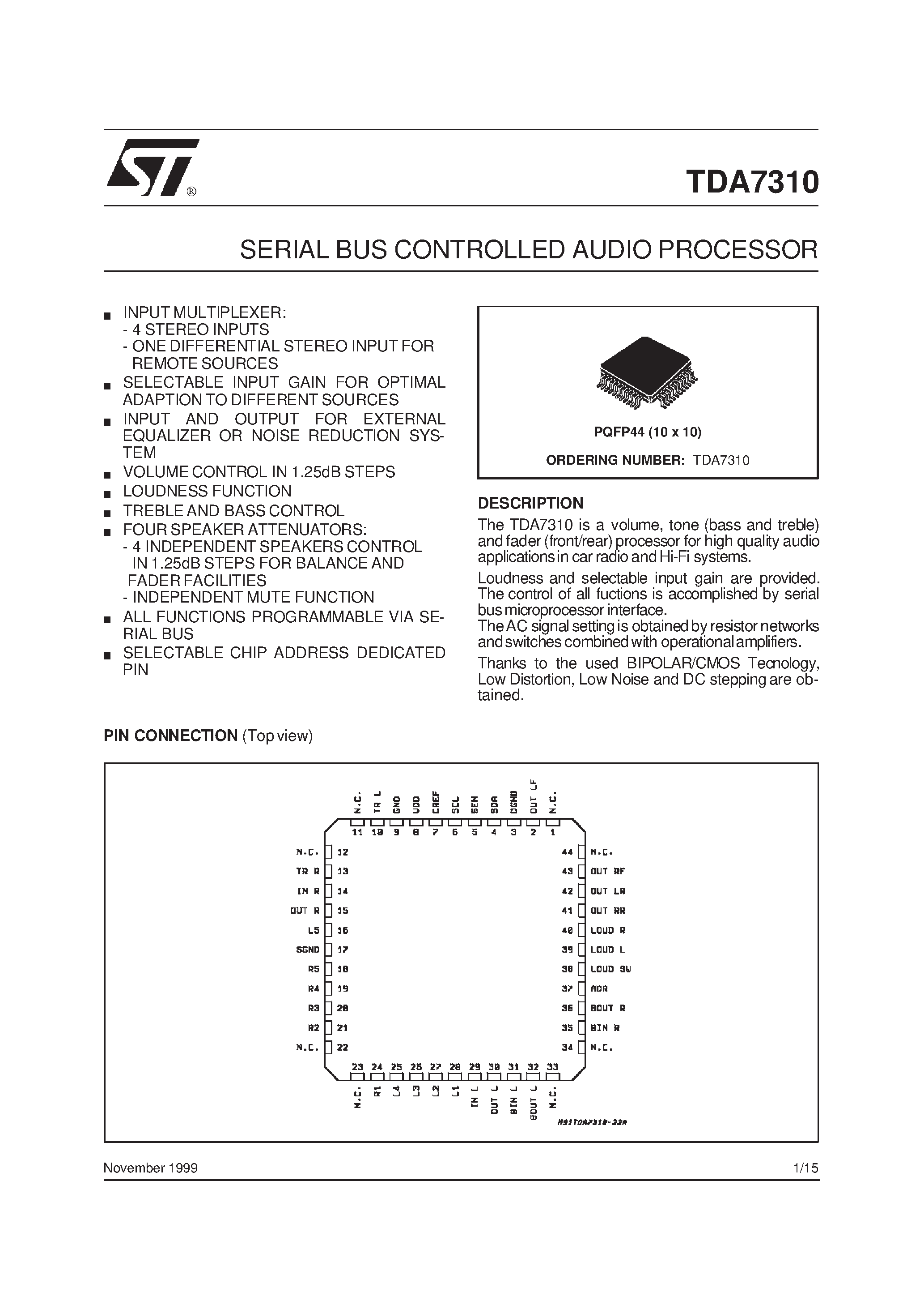 Datasheet TDA7310 - SERIAL BUS CONTROLLED AUDIO PROCESSOR page 1
