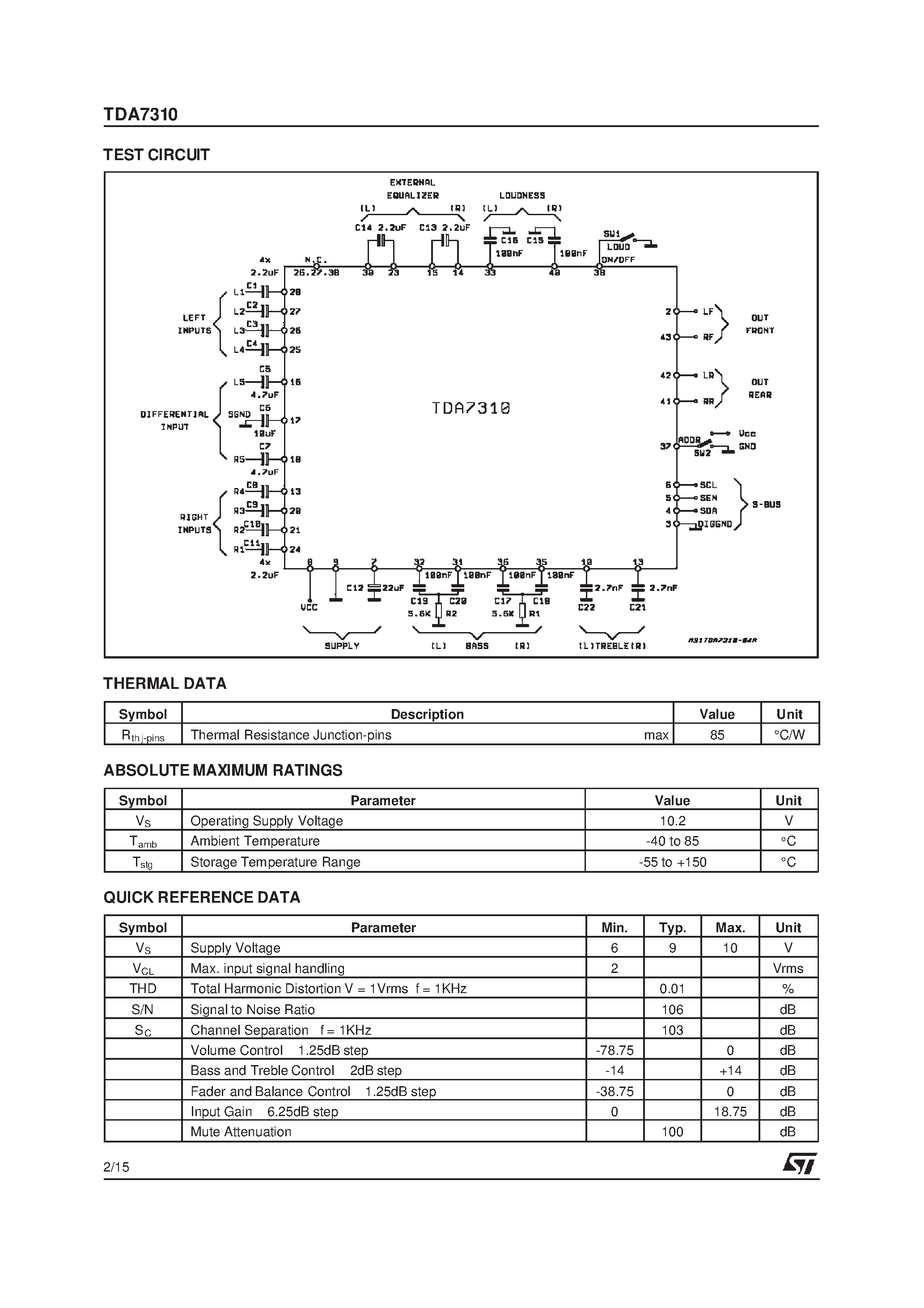 Datasheet TDA7310 - SERIAL BUS CONTROLLED AUDIO PROCESSOR page 2