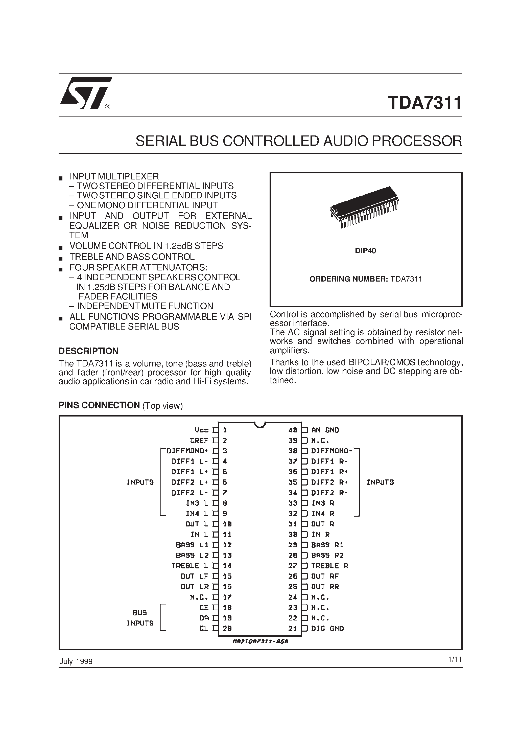 Datasheet TDA7311 - SERIAL BUS CONTROLLED AUDIO PROCESSOR page 1