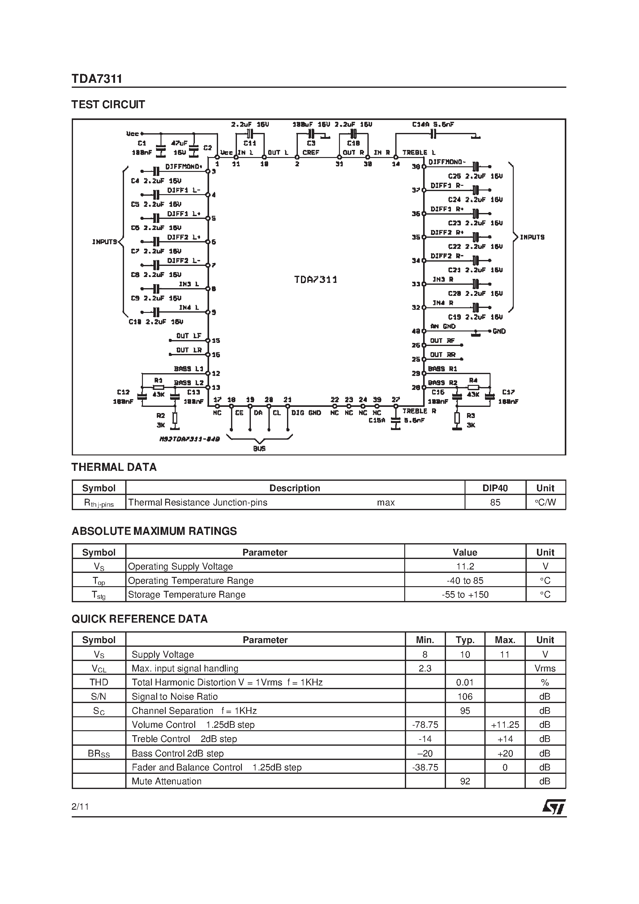 Datasheet TDA7311 - SERIAL BUS CONTROLLED AUDIO PROCESSOR page 2