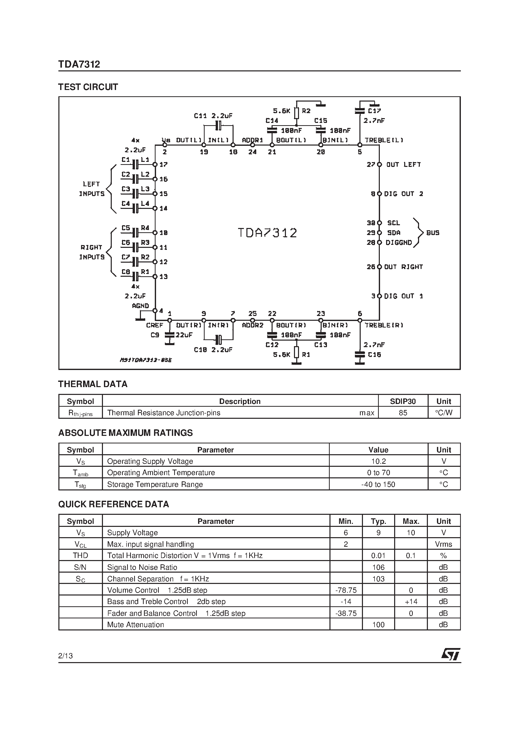 Datasheet TDA7312 page 2 Datasheet TDA7312 - DIGITAL CONTROLLED STEREO AUDIO PROCESSOR page 2