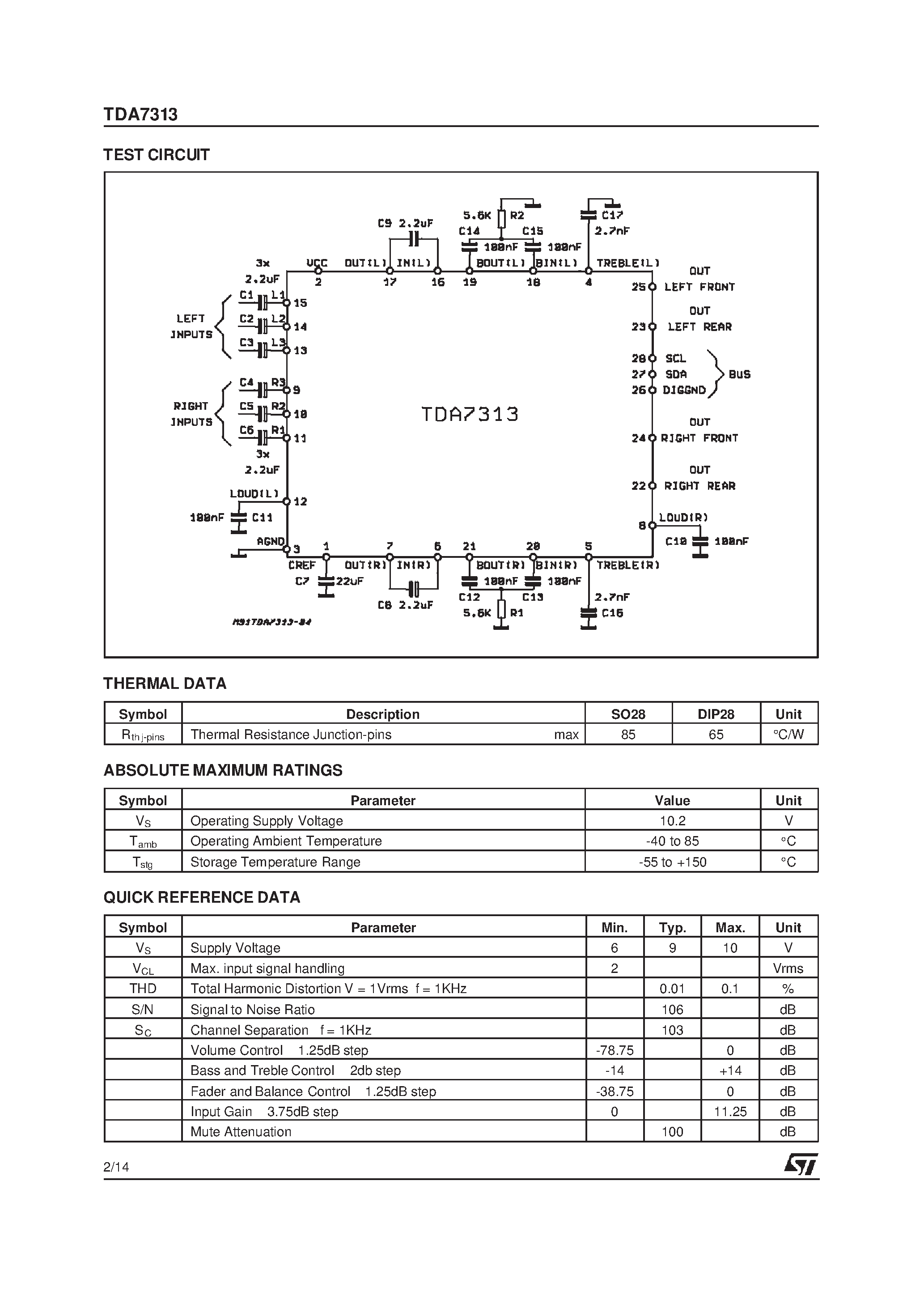 Даташит TDA7313 - DIGITAL CONTROLLED STEREO AUDIO PROCESSOR WITH LOUDNESS страница 2