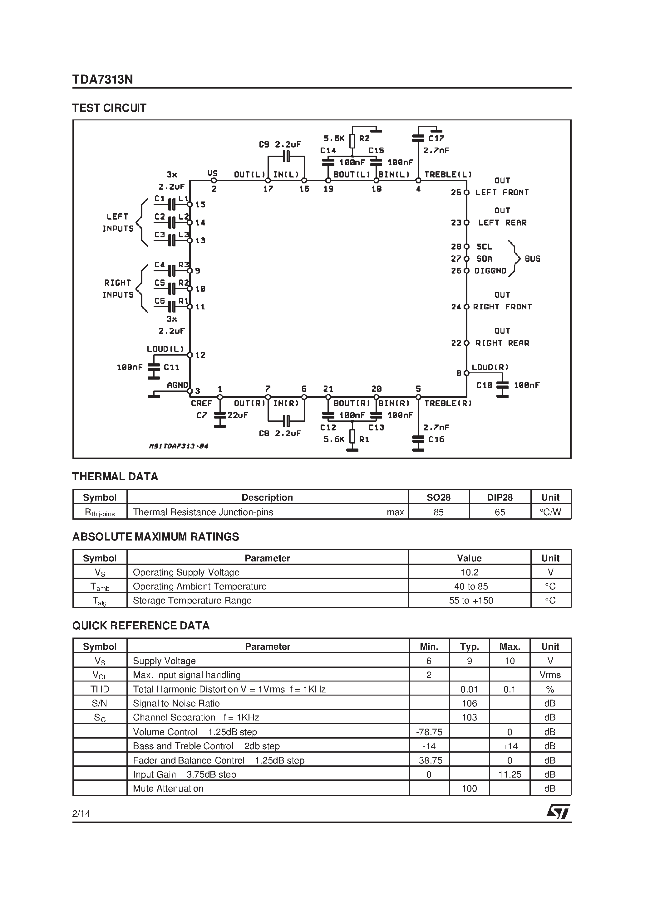 Datasheet TDA7313ND page 2 Datasheet TDA7313ND - DIGITAL CONTROLLED STEREO AUDIO PROCESSOR WITH LOUDNESS page 2