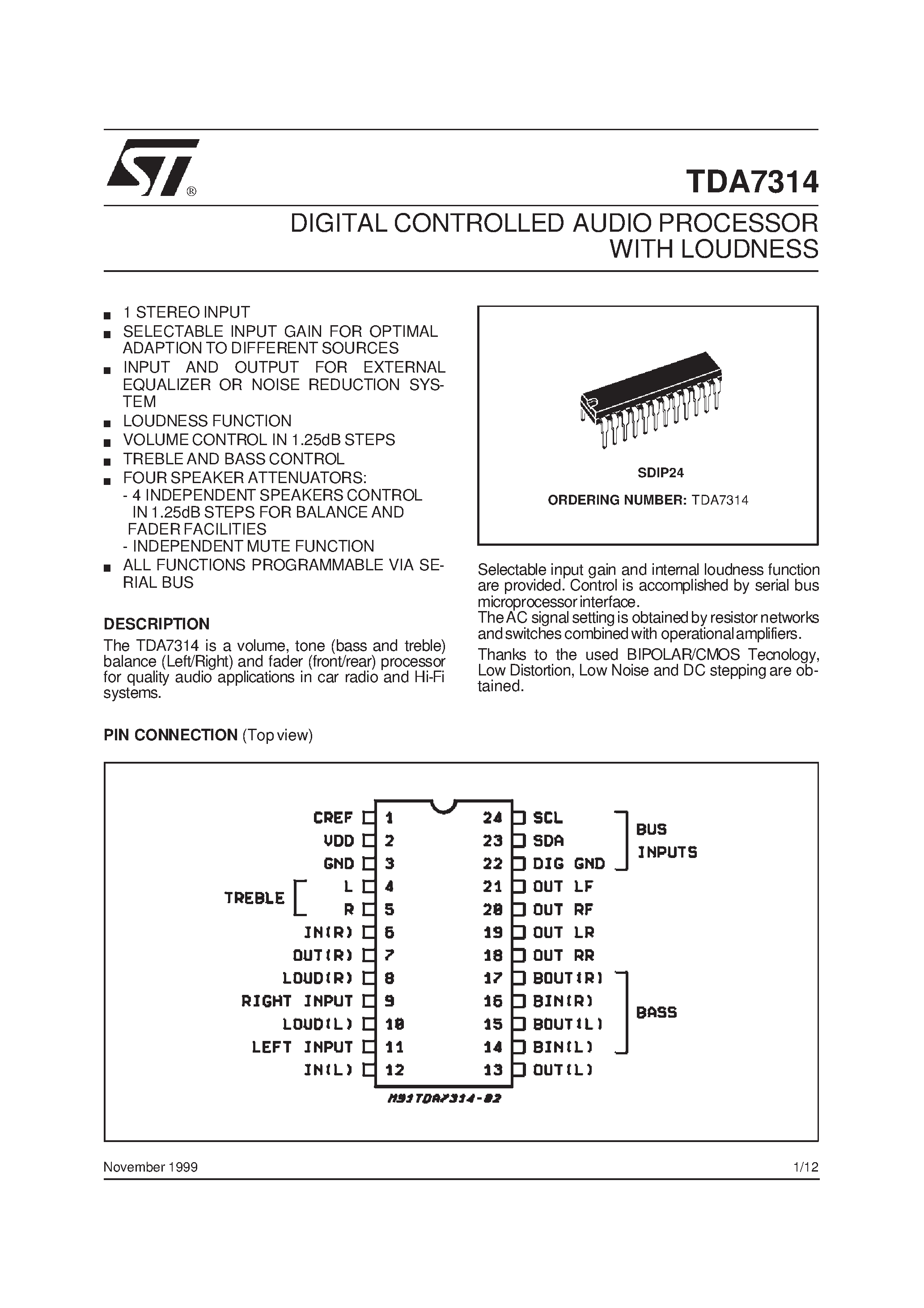 Datasheet TDA7314 - DIGITAL CONTROLLED AUDIO PROCESSOR WITH LOUDNESS page 1