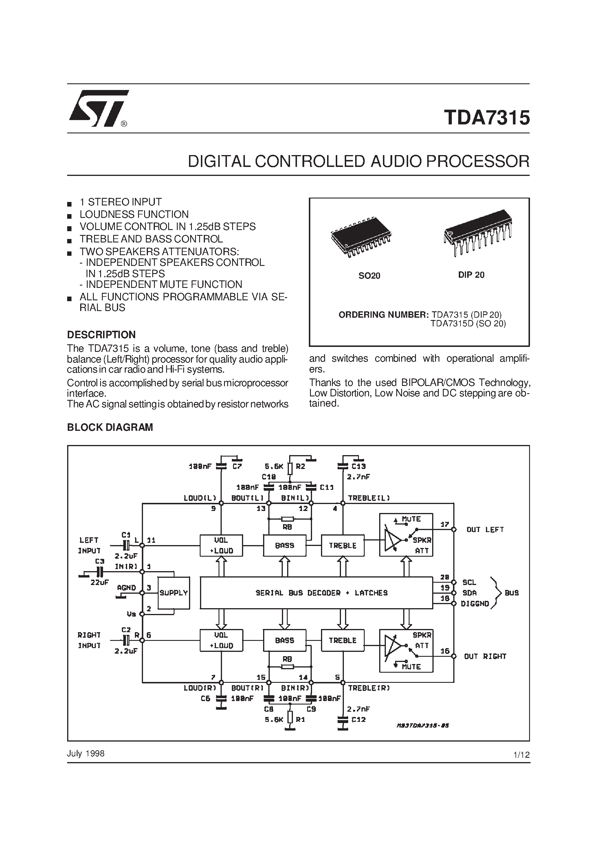 Datasheet TDA7315D page 1 Datasheet TDA7315D - DIGITAL CONTROLLED AUDIO PROCESSOR page 1