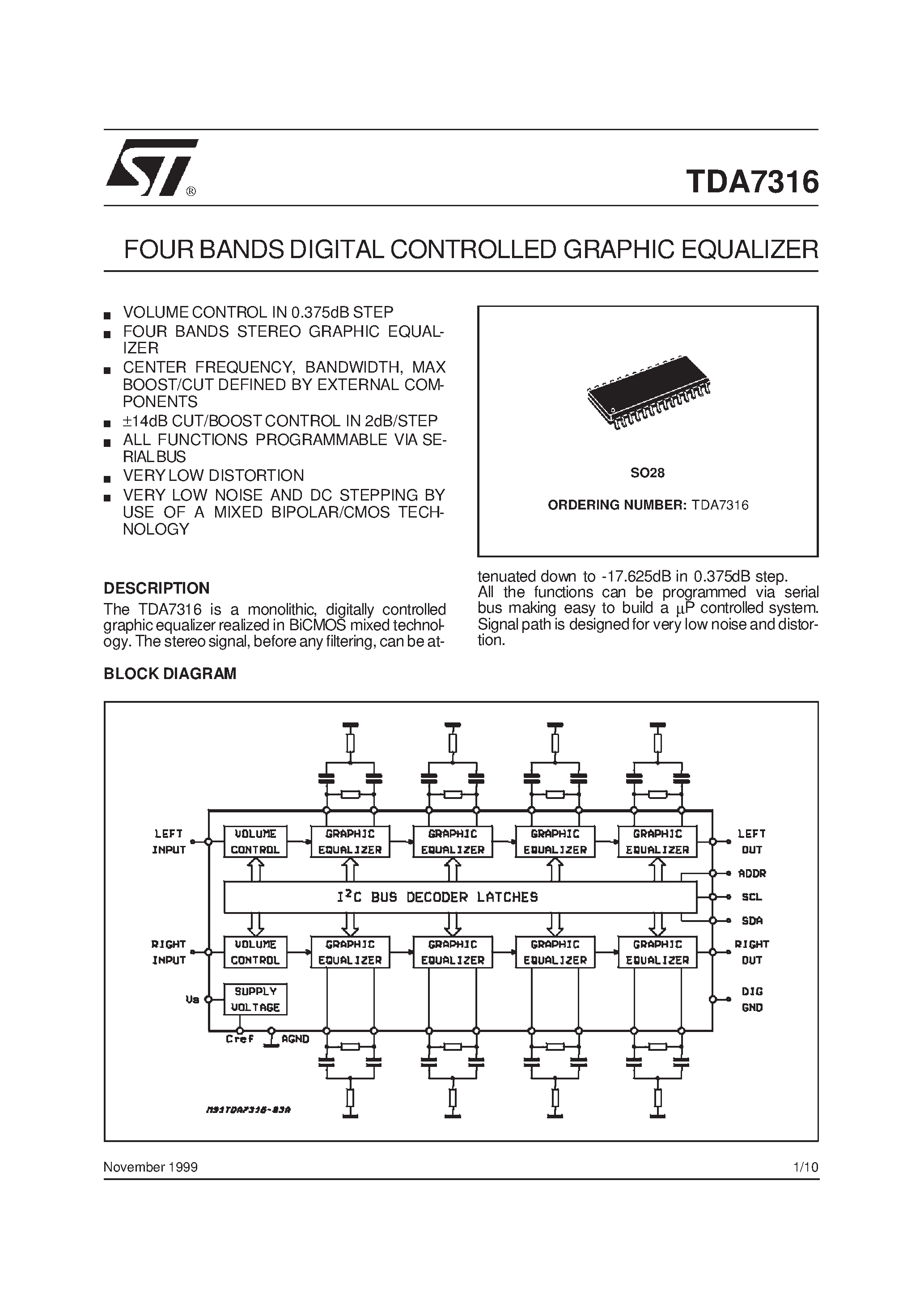 Datasheet TDA7316 page 1 Datasheet TDA7316 - FOUR BANDSDIGITAL CONTROLLED GRAPHIC EQUALIZER page 1