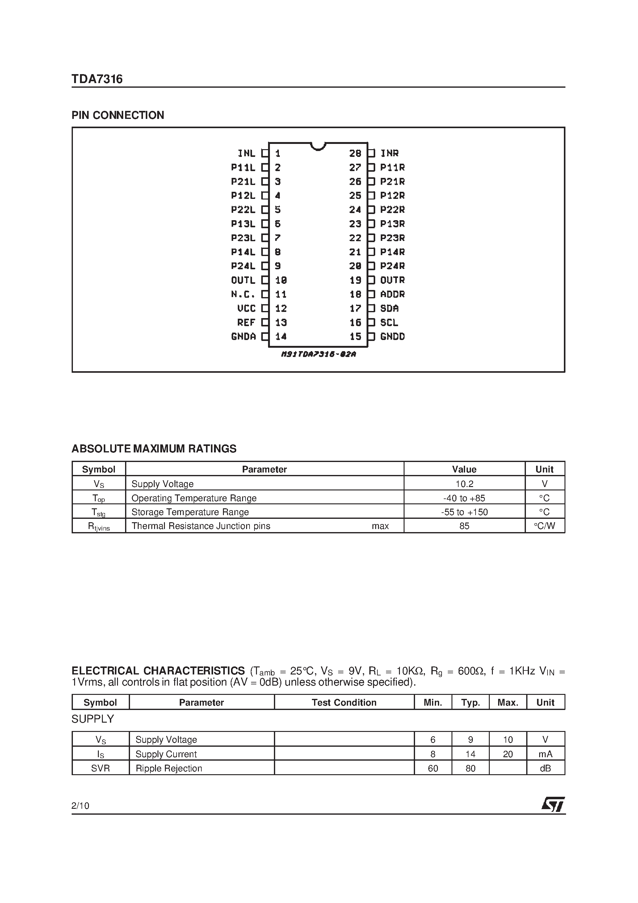 Datasheet TDA7316 page 2 Datasheet TDA7316 - FOUR BANDSDIGITAL CONTROLLED GRAPHIC EQUALIZER page 2