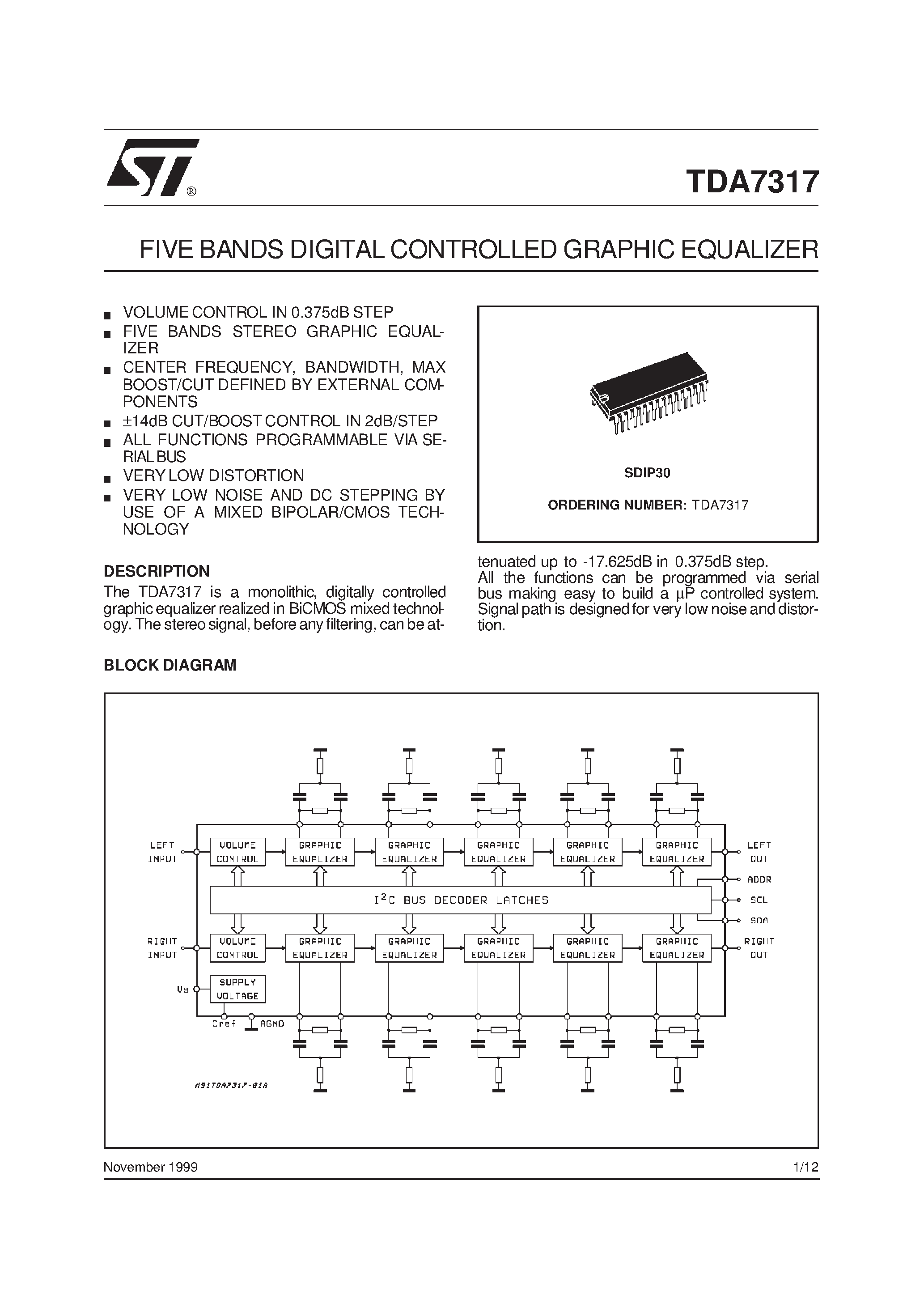 Datasheet TDA7317 - FIVE BANDS DIGITAL CONTROLLED GRAPHIC EQUALIZER page 1