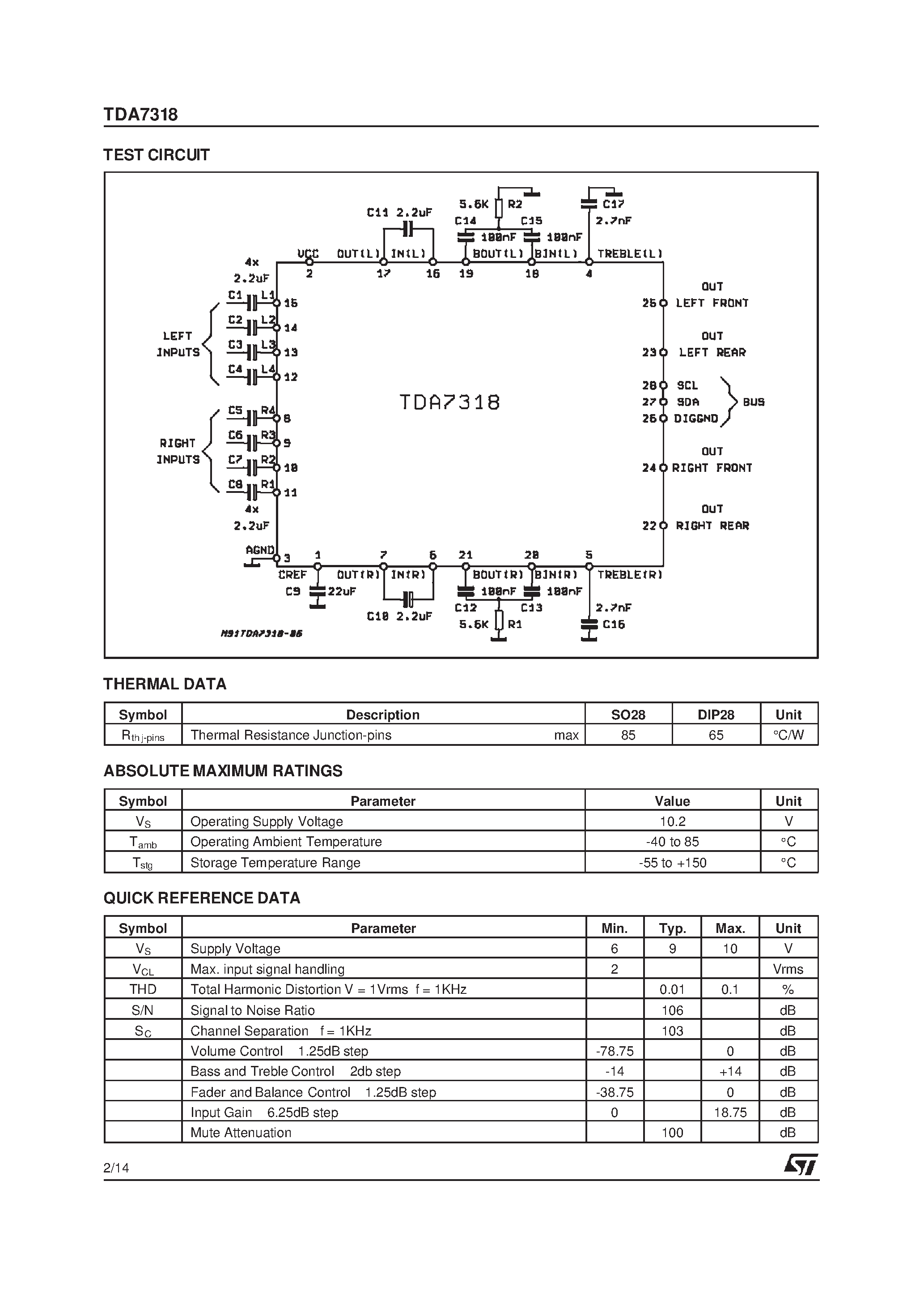 Даташит TDA7318D - DIGITAL CONTROLLED STEREO AUDIO PROCESSOR страница 2