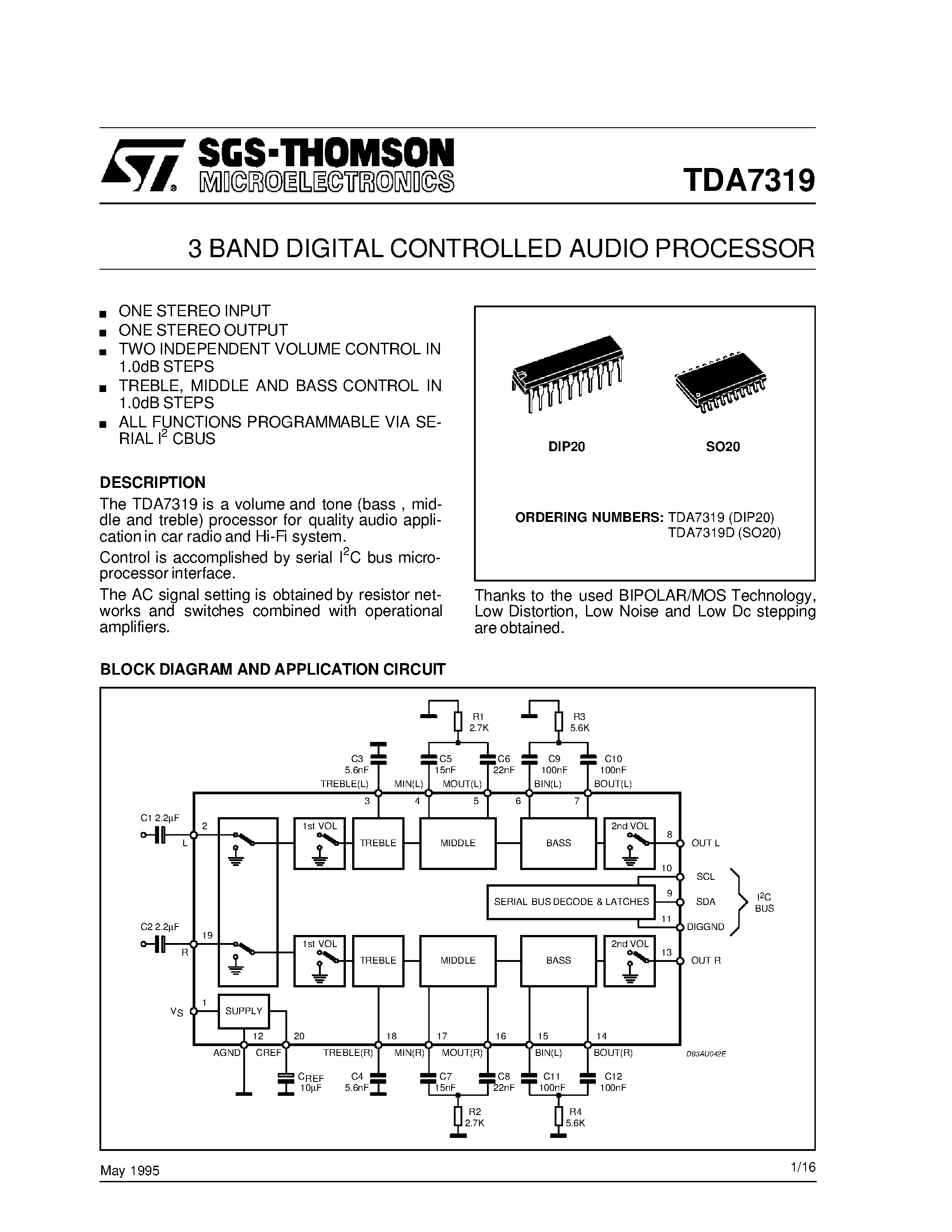 Datasheet TDA7319D - 3 BAND DIGITAL CONTROLLED AUDIO PROCESSOR page 1