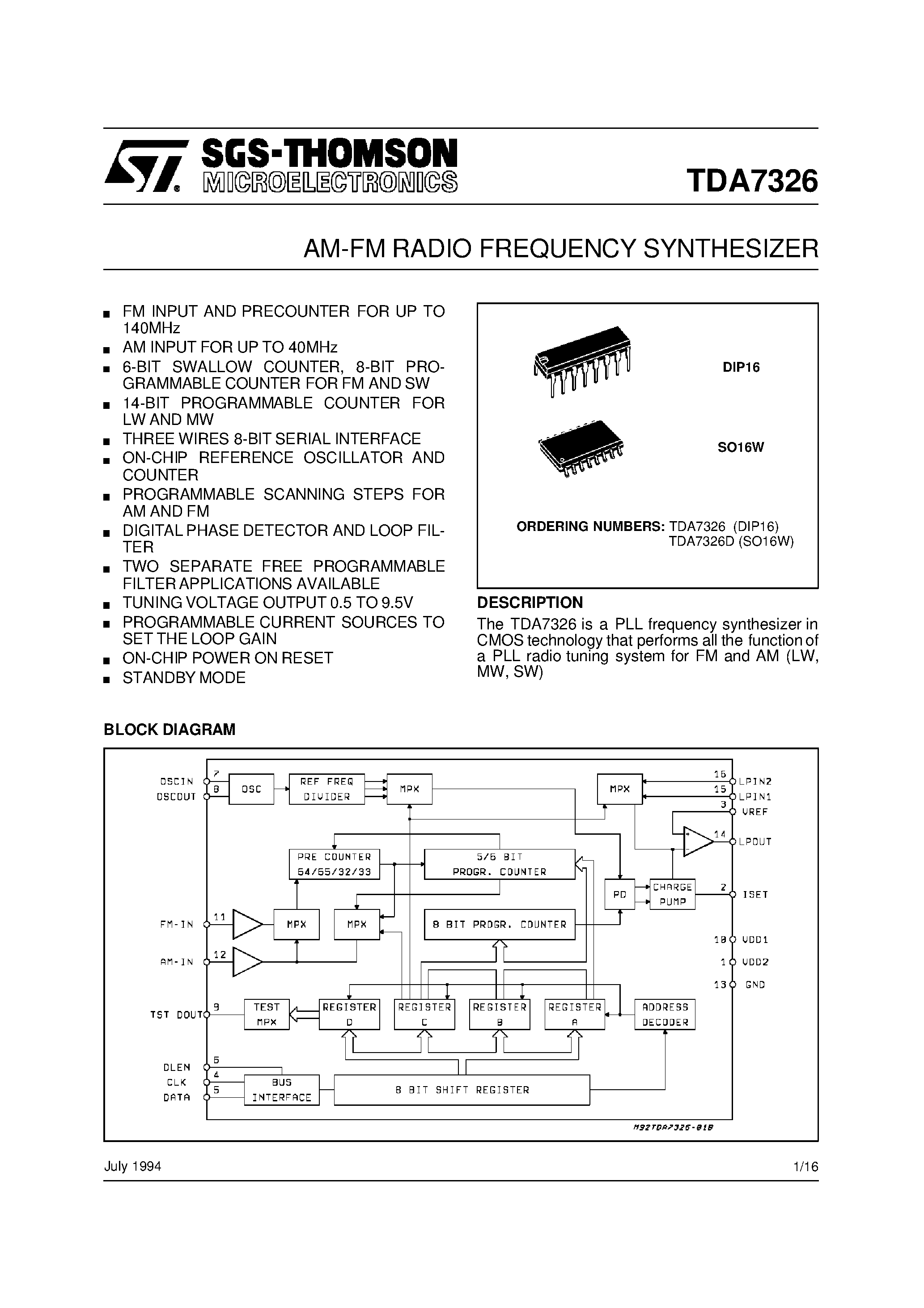 Datasheet TDA7326D - AM-FM RADIO FREQUENCY SYNTHESIZER page 1