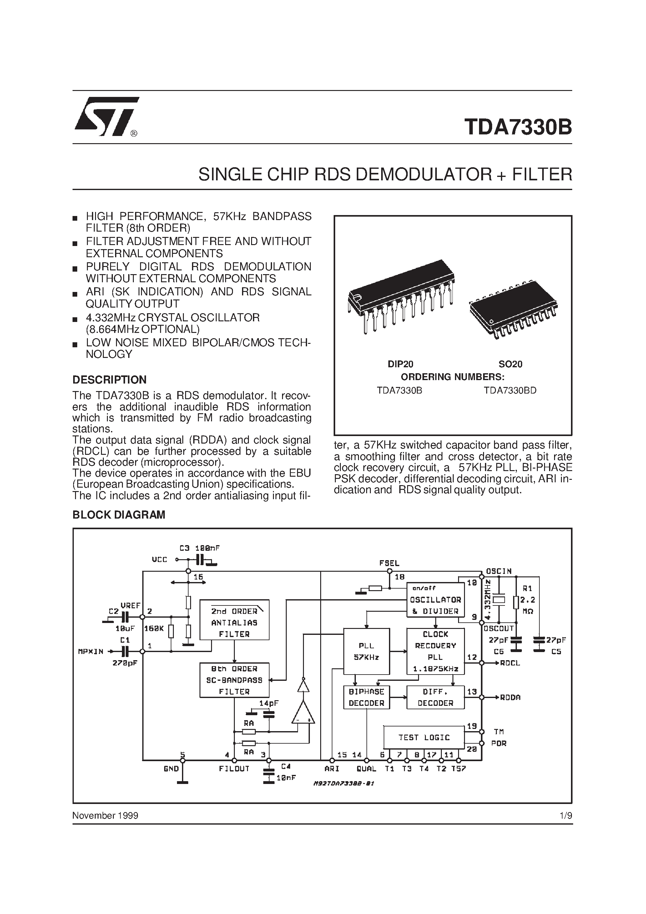 Datasheet TDA7330B - SINGLE CHIP RDS DEMODULATOR FILTER page 1
