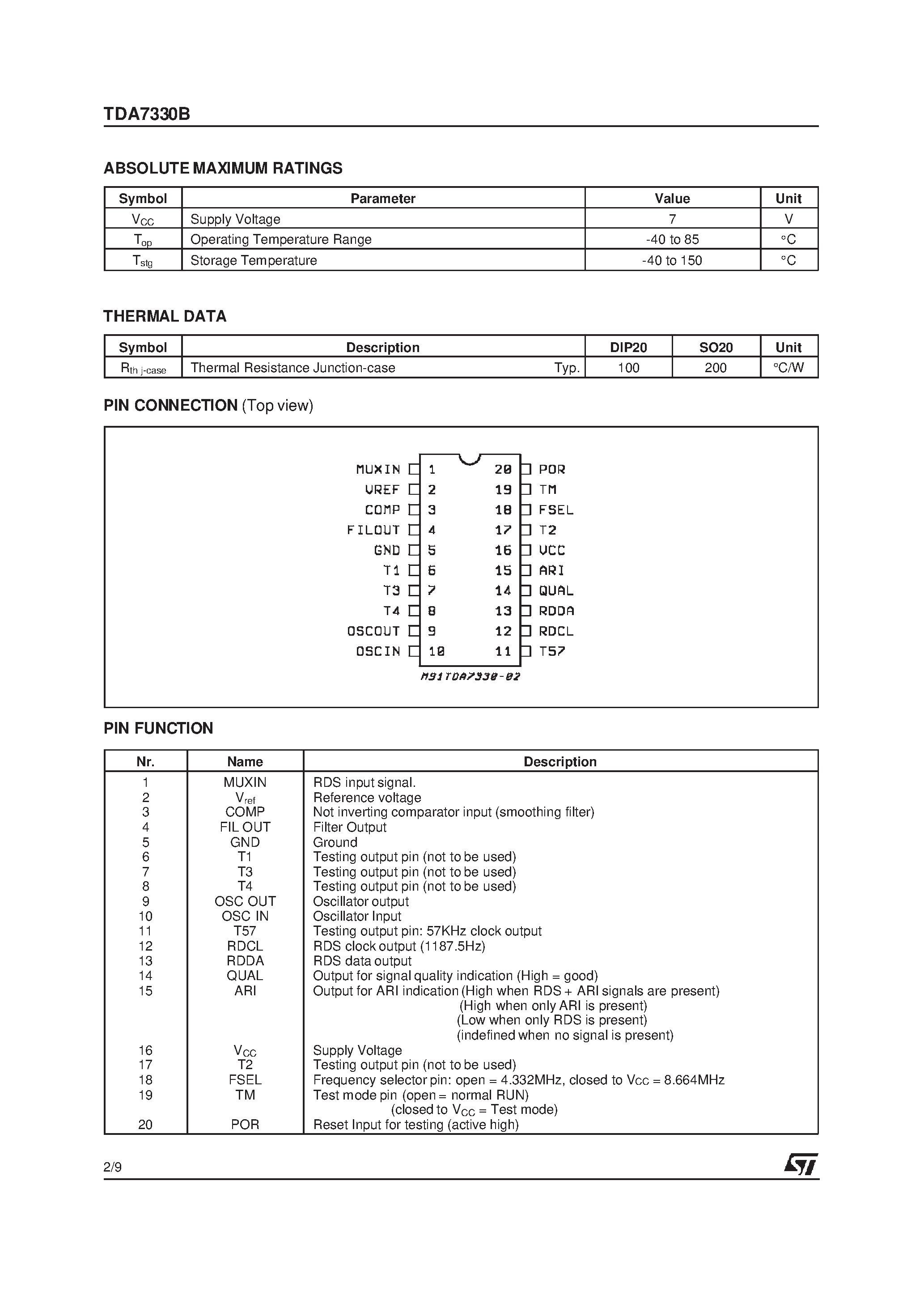 Datasheet TDA7330BD - SINGLE CHIP RDS DEMODULATOR + FILTER page 2