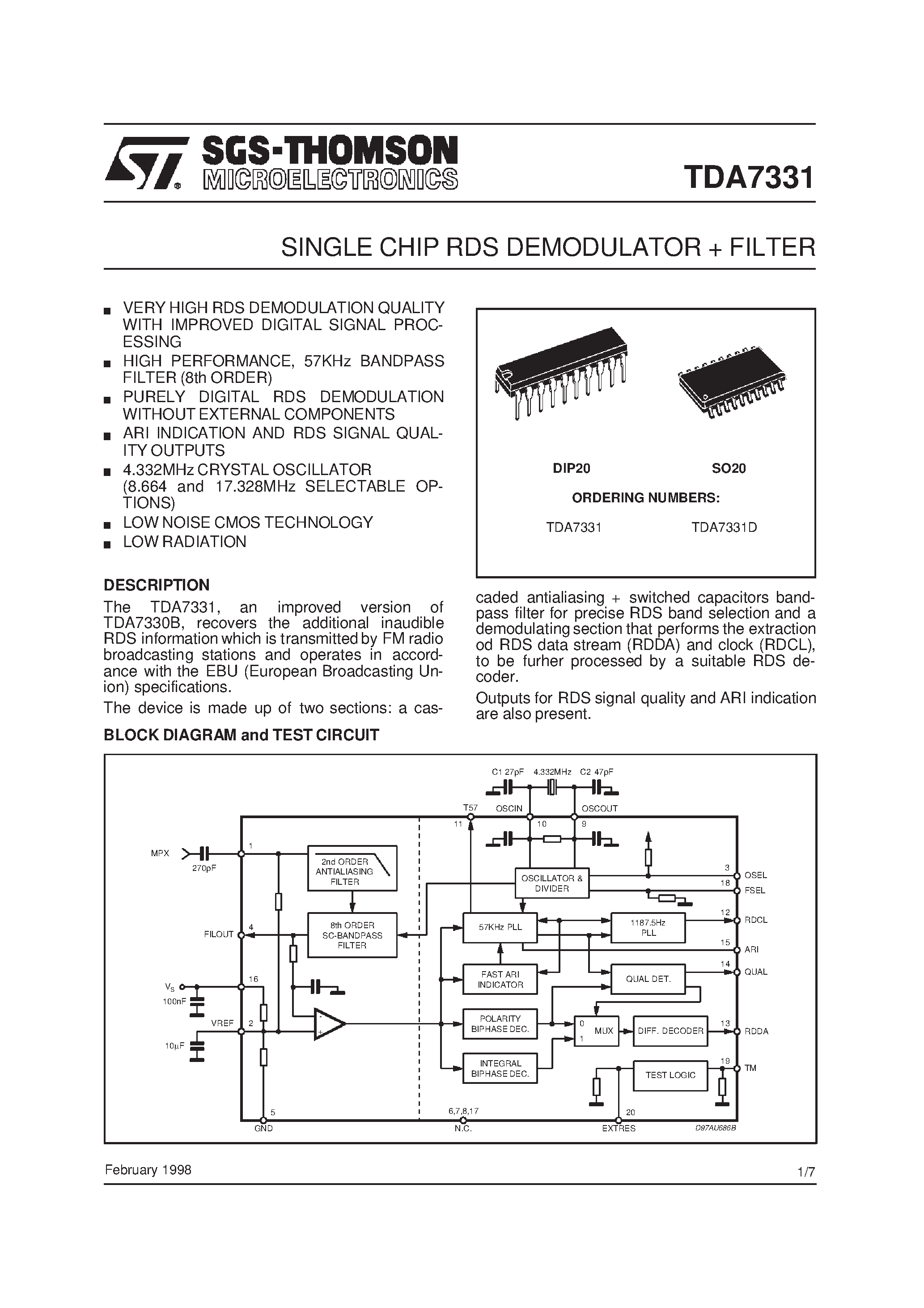 Datasheet TDA7331 page 1 Datasheet TDA7331 - SINGLE CHIP RDS DEMODULATOR+ FILTER page 1