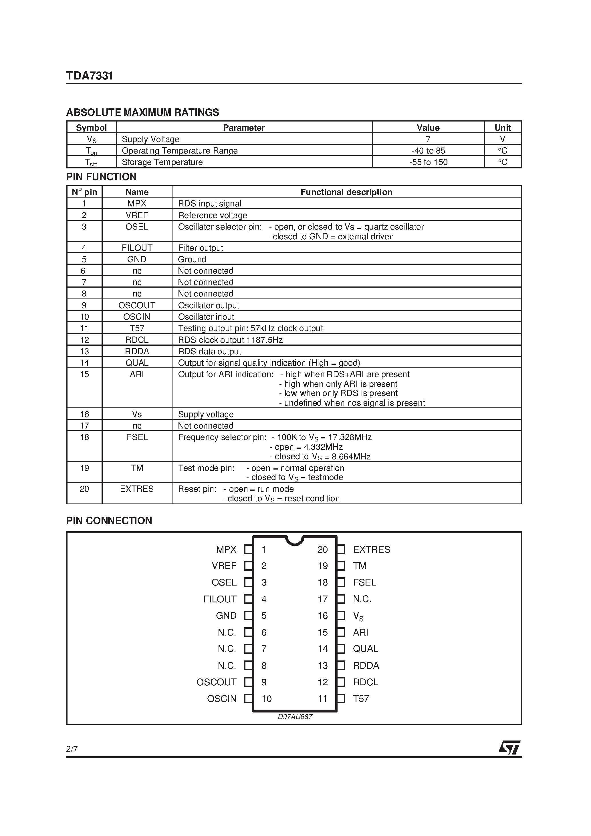 Datasheet TDA7331D page 2 Datasheet TDA7331D - SINGLE CHIP RDS DEMODULATOR+ FILTER page 2