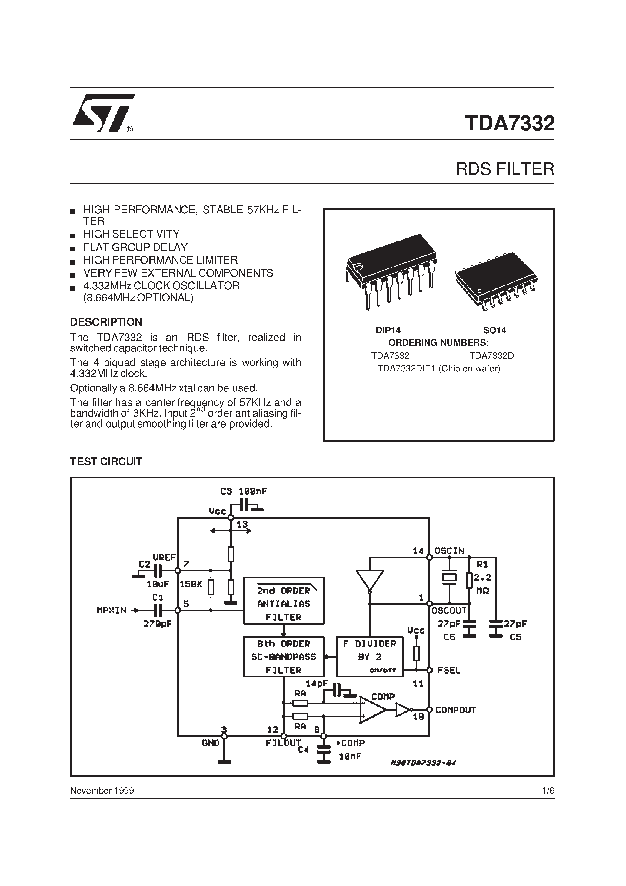 Datasheet TDA7332 - RDS FILTER page 1