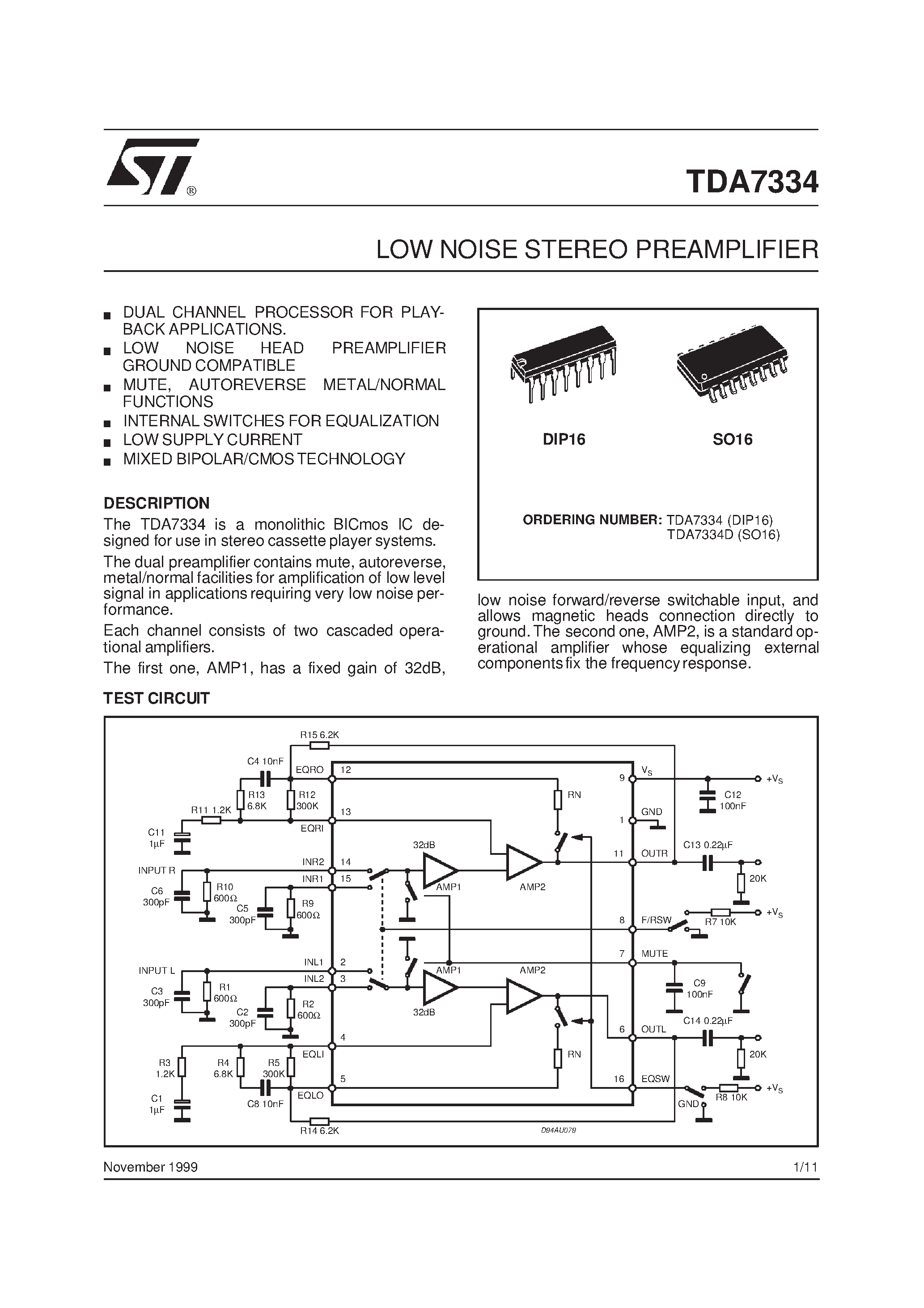 Datasheet TDA7334 page 1 Datasheet TDA7334 - LOW NOISE STEREO PREAMPLIFIER page 1