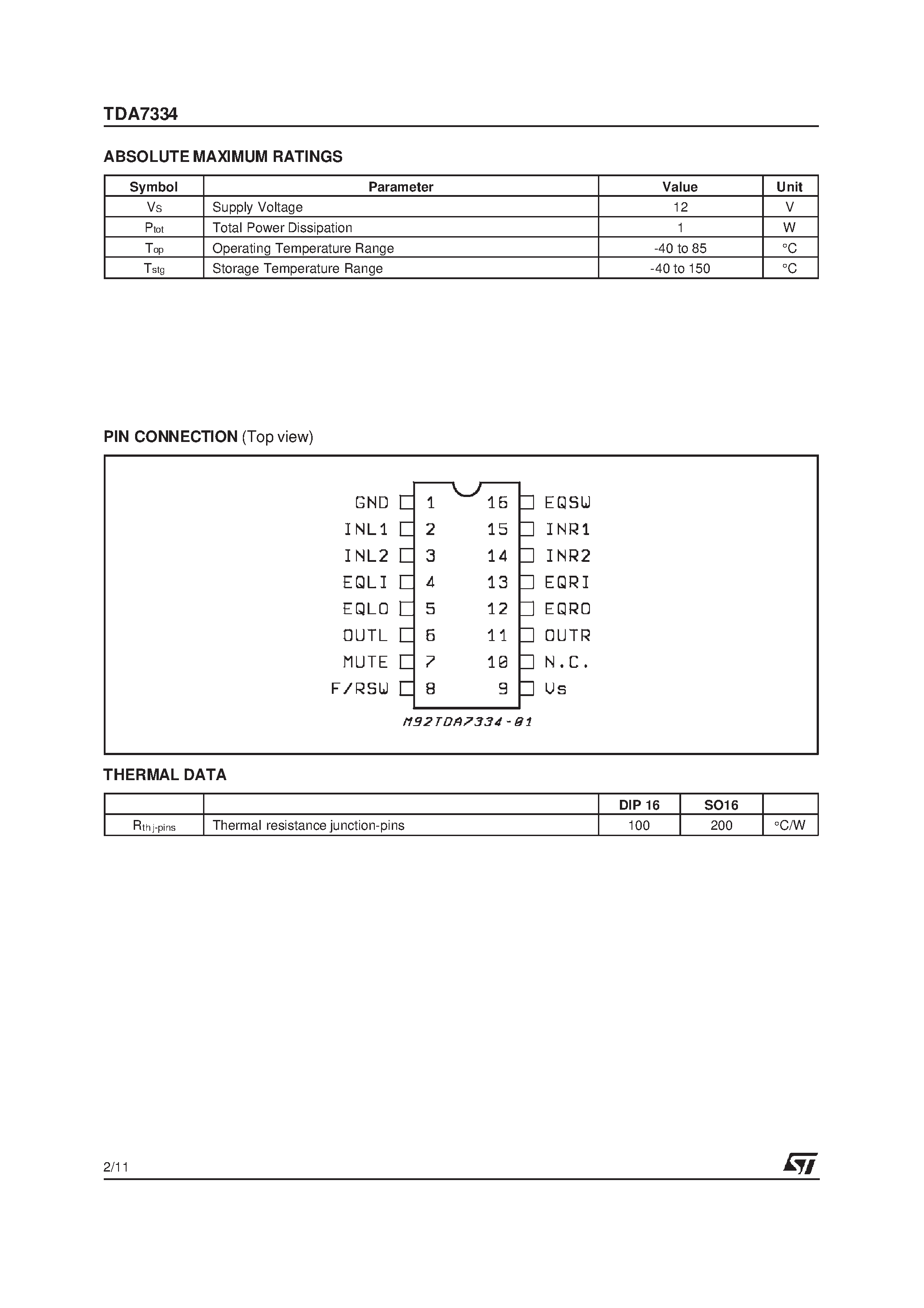 Datasheet TDA7334 page 2 Datasheet TDA7334 - LOW NOISE STEREO PREAMPLIFIER page 2