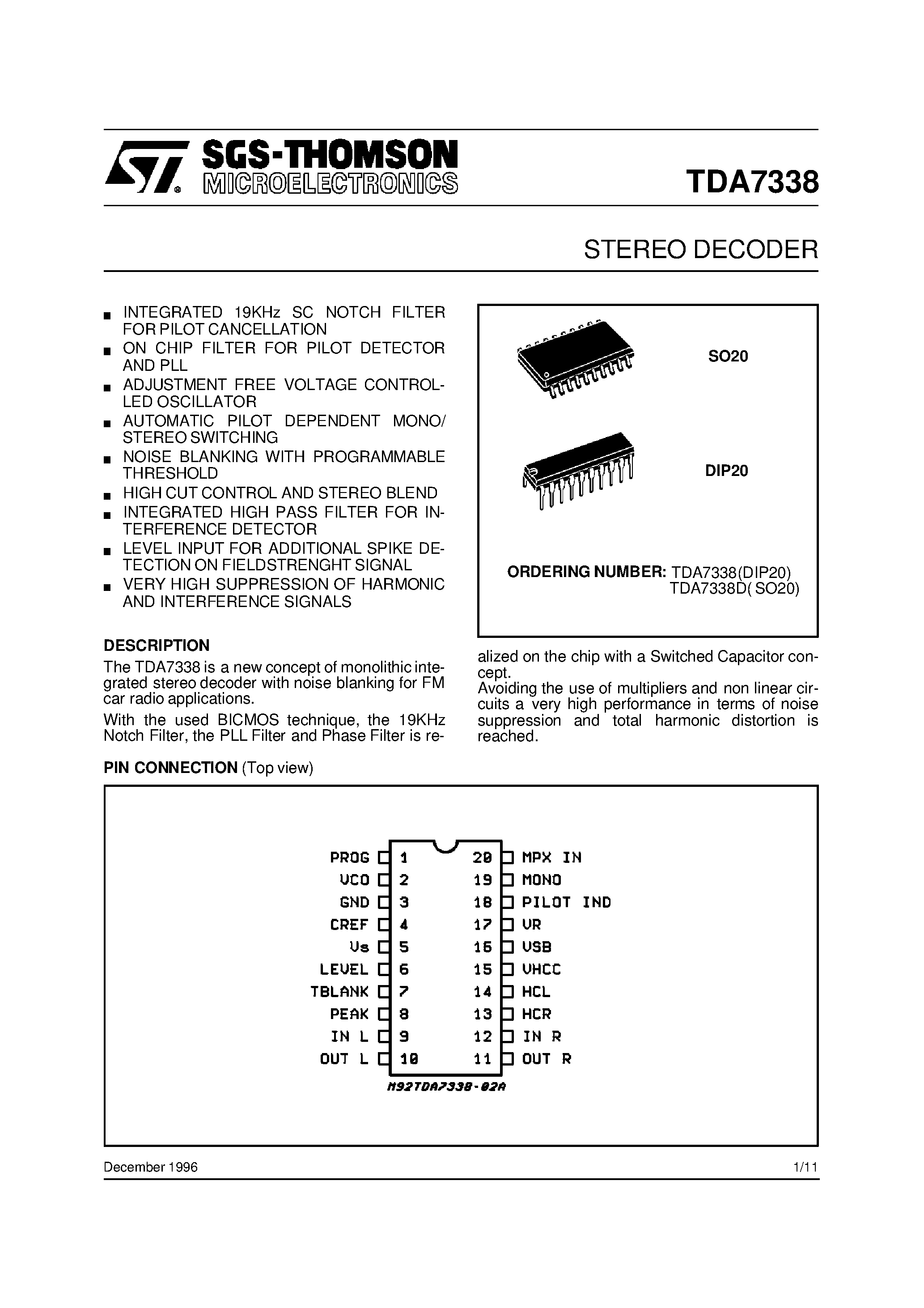 Datasheet TDA7338 - STEREO DECODER page 1