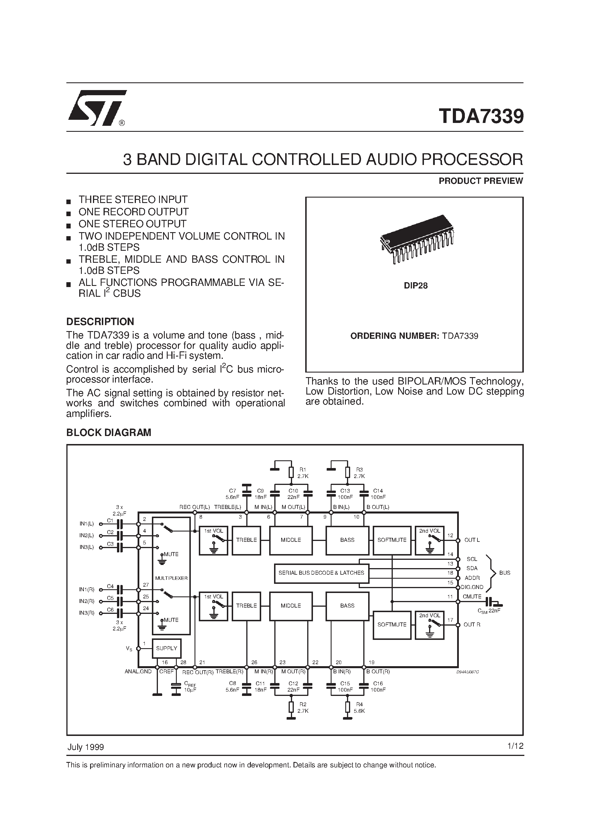 Datasheet TDA7339 - 3 BAND DIGITAL CONTROLLED AUDIO PROCESSOR page 1