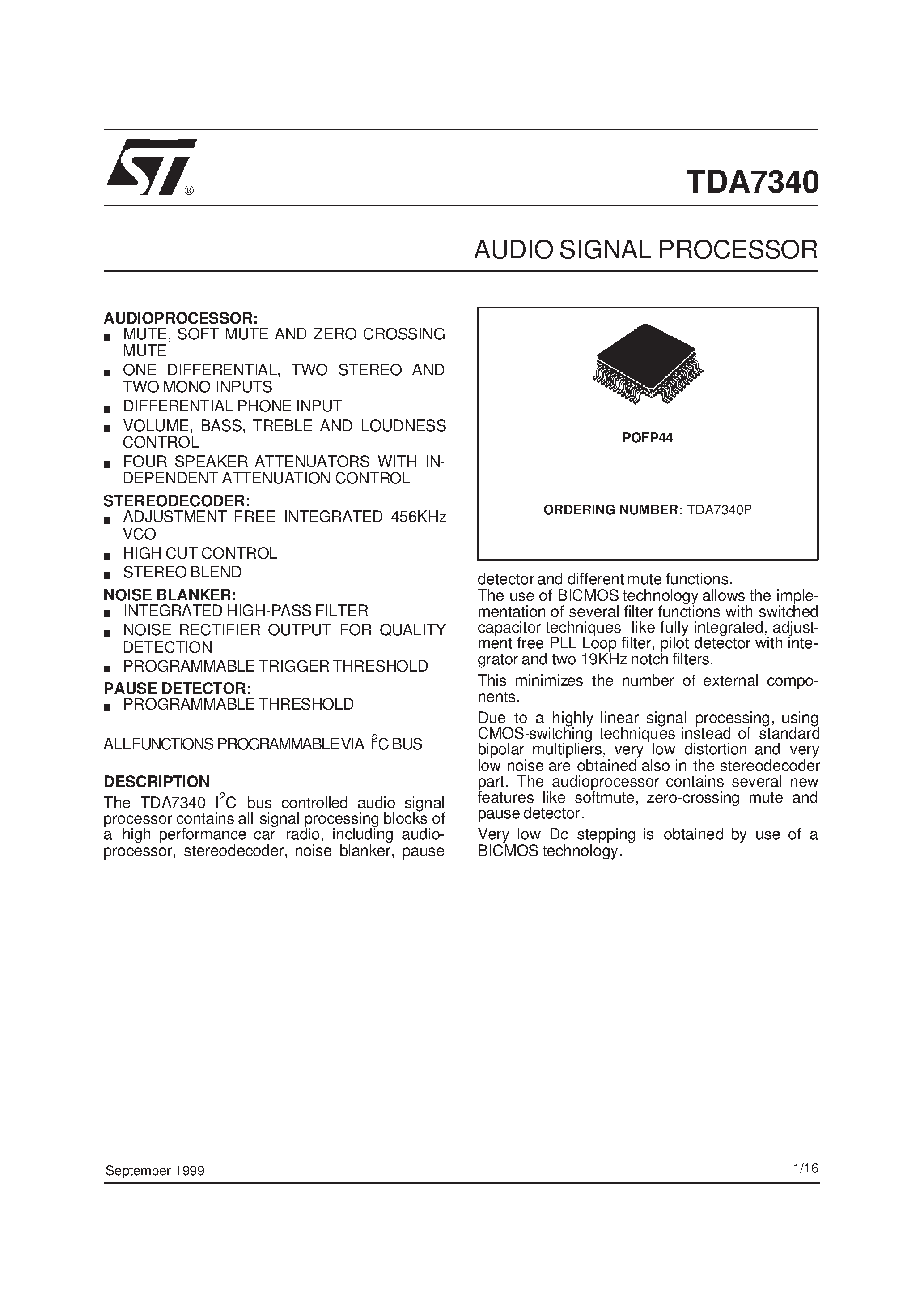 Datasheet TDA7340 - AUDIO SIGNAL PROCESSOR page 1