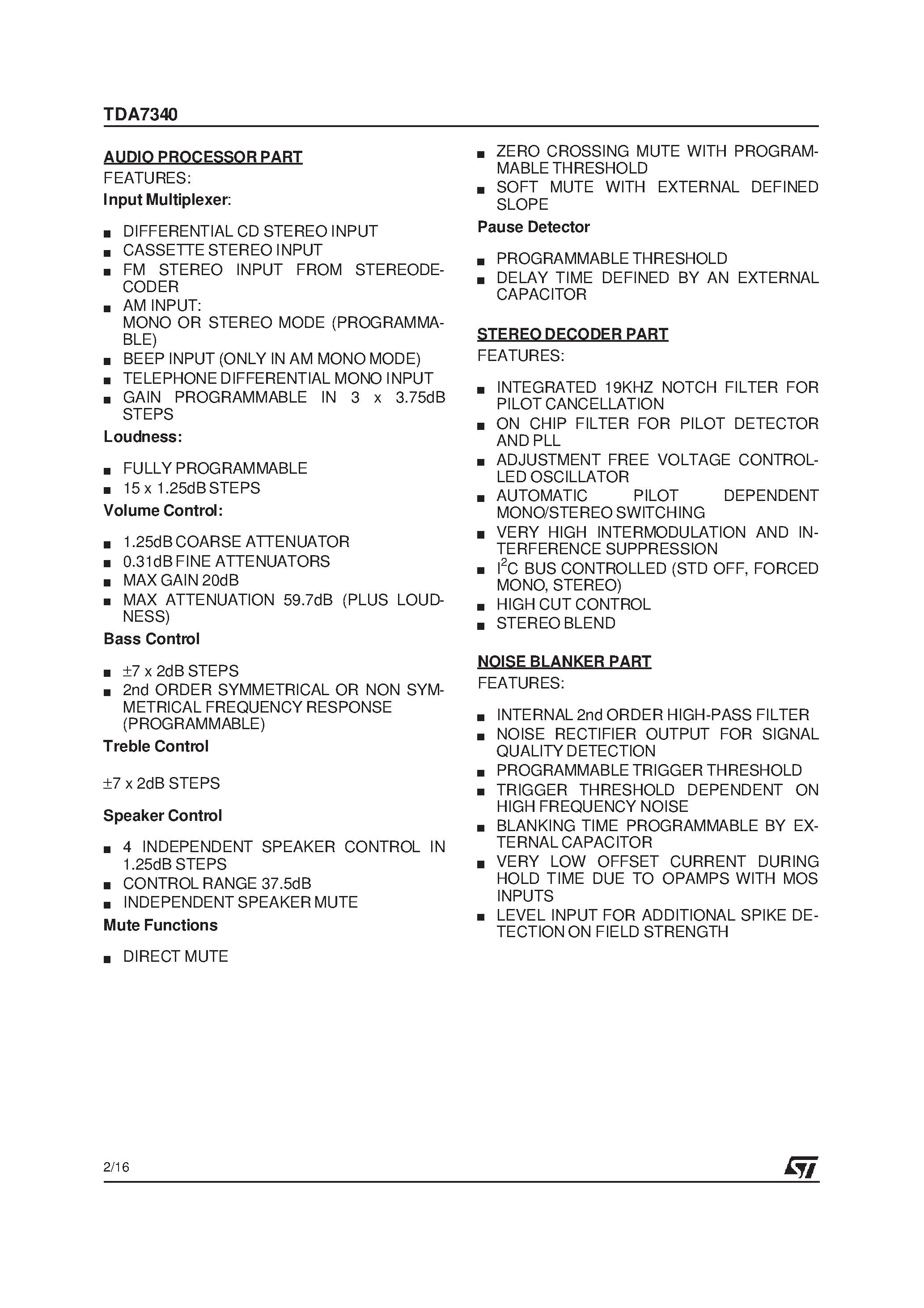 Datasheet TDA7340 - AUDIO SIGNAL PROCESSOR page 2