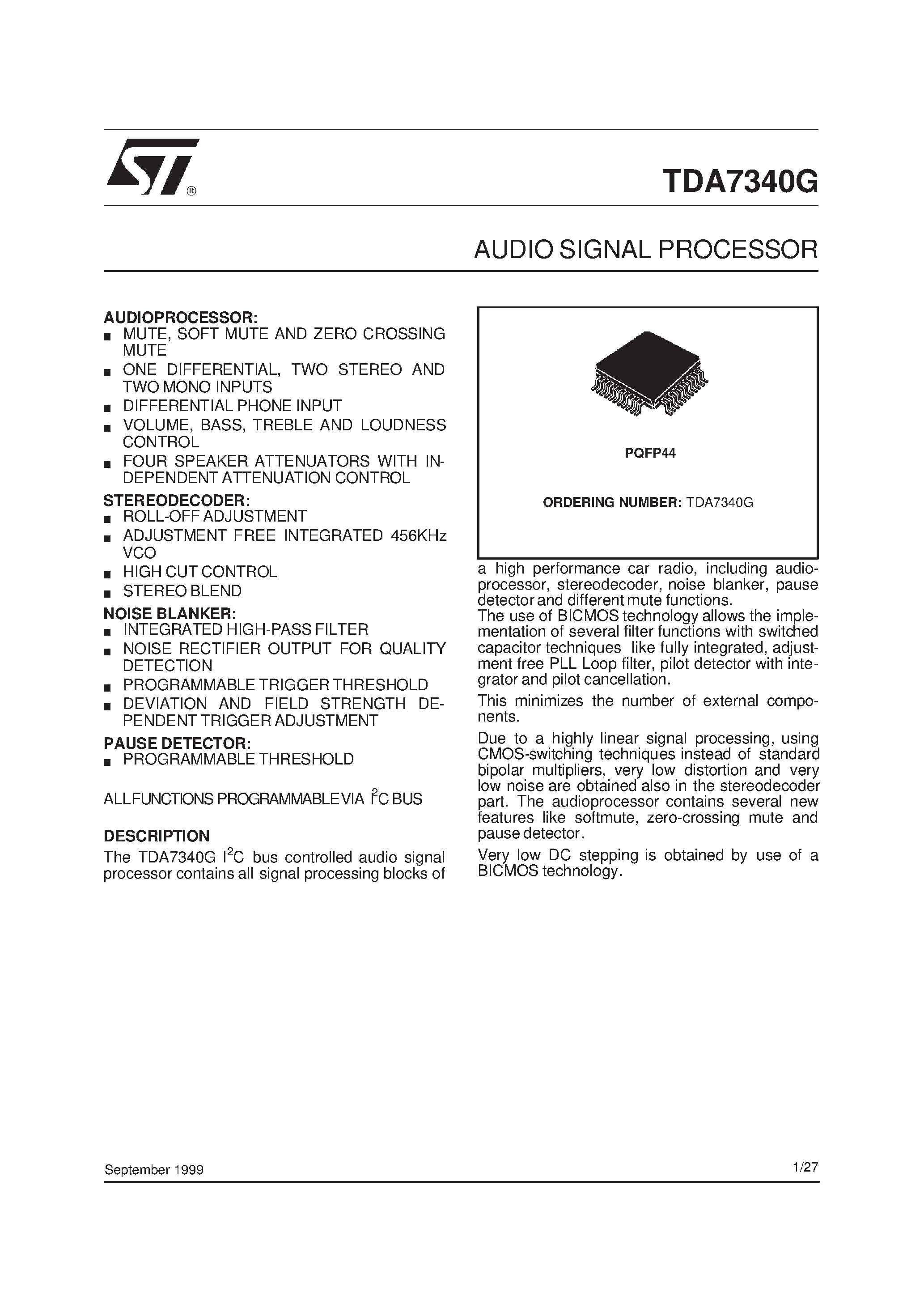 Datasheet TDA7340G - AUDIO SIGNAL PROCESSOR page 1